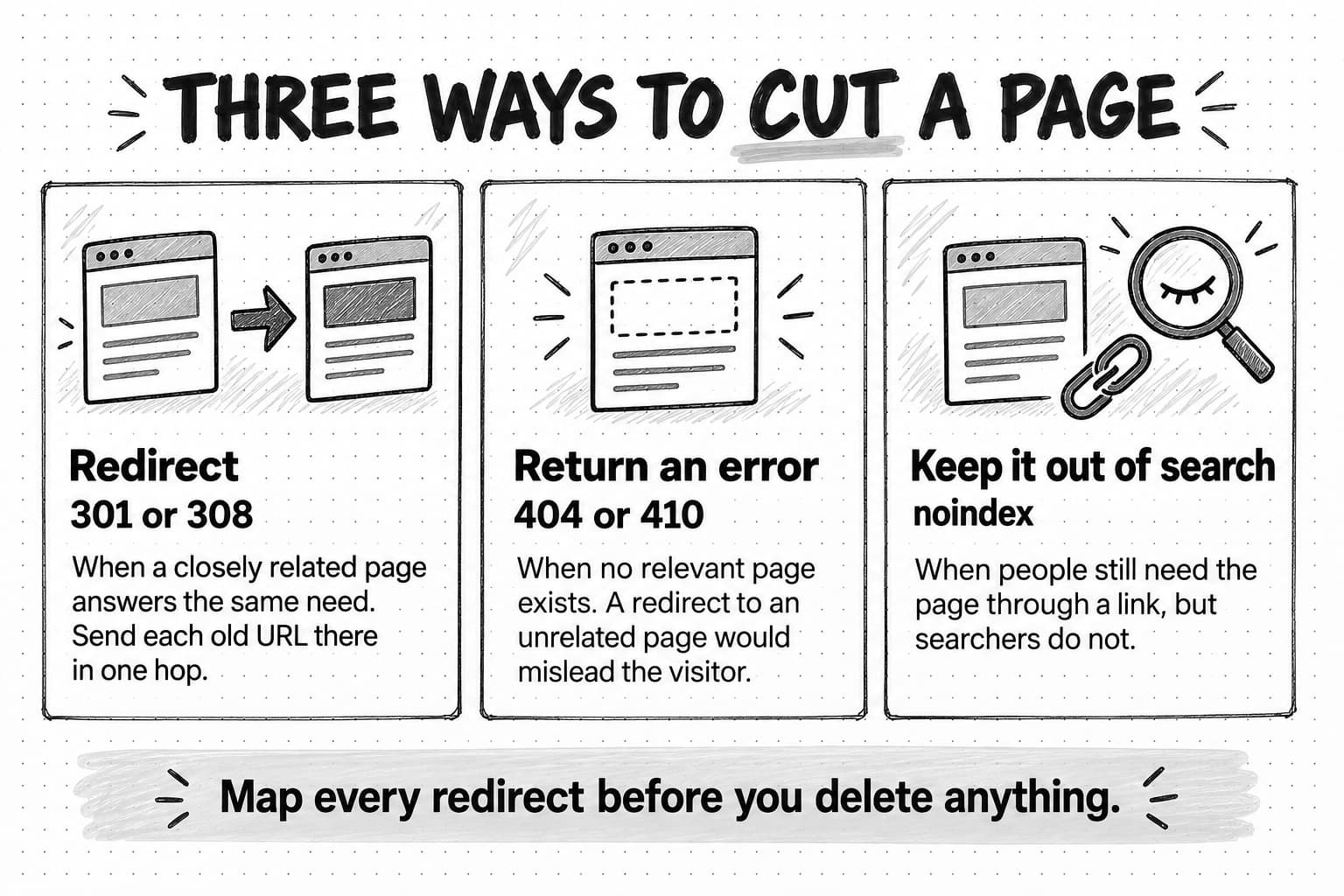 Three cards titled Three ways to cut a page. Redirect, 301 or 308: when a closely related page answers the same need, send each old URL there in one hop. Return an error, 404 or 410: when no relevant page exists, because a redirect to an unrelated page would mislead the visitor. Keep it out of search, noindex: when people still need the page through a link, but searchers do not. Footer: Map every redirect before you delete anything.