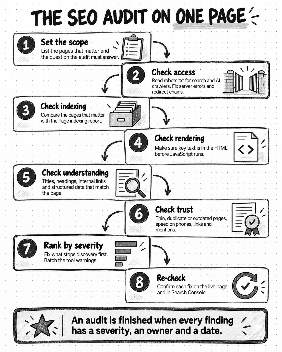 A portrait reference titled The SEO audit on one page: eight numbered steps joined by arrows. 1, Set the scope: list the pages that matter and the question the audit must answer. 2, Check access: read robots.txt for search and AI crawlers; fix server errors and redirect chains. 3, Check indexing: compare the pages that matter with the Page indexing report. 4, Check rendering: make sure key text is in the HTML before JavaScript runs. 5, Check understanding: titles, headings, internal links and structured data that match the page. 6, Check trust: thin, duplicate or outdated pages, speed on phones, links and mentions. 7, Rank by severity: fix what stops discovery first; batch the tool warnings. 8, Re-check: confirm each fix on the live page and in Search Console. A closing box reads An audit is finished when every finding has a severity, an owner and a date.