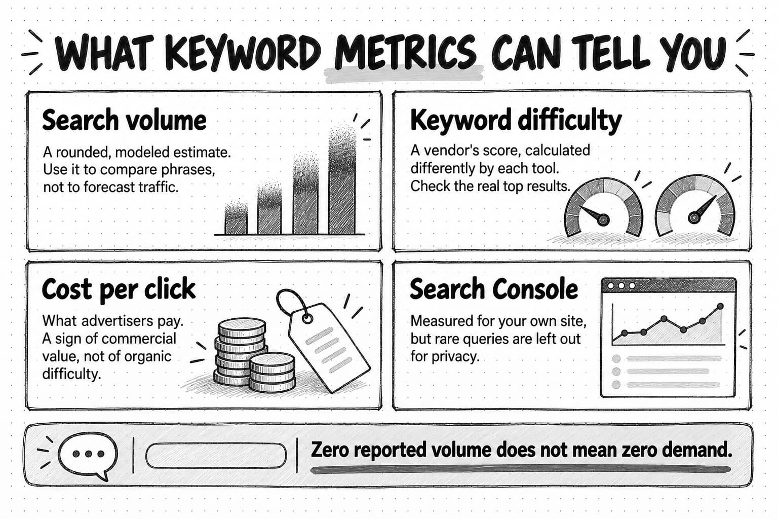A sketched two-by-two grid titled What keyword metrics can tell you. Search volume, drawn as bars with blurred tops: a rounded, modeled estimate; use it to compare phrases, not to forecast traffic. Keyword difficulty, drawn as two gauges pointing to different positions: a vendor's score, calculated differently by each tool; check the real top results. Cost per click, drawn as coins and a price tag: what advertisers pay; a sign of commercial value, not of organic difficulty. Search Console, drawn as a chart in a browser window with some rows faded: measured for your own site, but rare queries are left out for privacy. A banner below reads Zero reported volume does not mean zero demand.