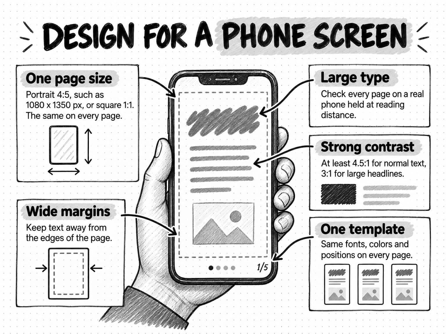 A sketch titled Design for a phone screen, showing an upright smartphone with a portrait slide on its screen, dashed margin guides inside it, and a row of three identical miniature slides beside it. Five callouts point to it: One page size, portrait 4:5, such as 1080 x 1350 px, or square 1:1, the same on every page; Large type, check every page on a real phone held at reading distance; Strong contrast, at least 4.5:1 for normal text, 3:1 for large headlines; Wide margins, keep text away from the edges of the page; One template, same fonts, colors and positions on every page.