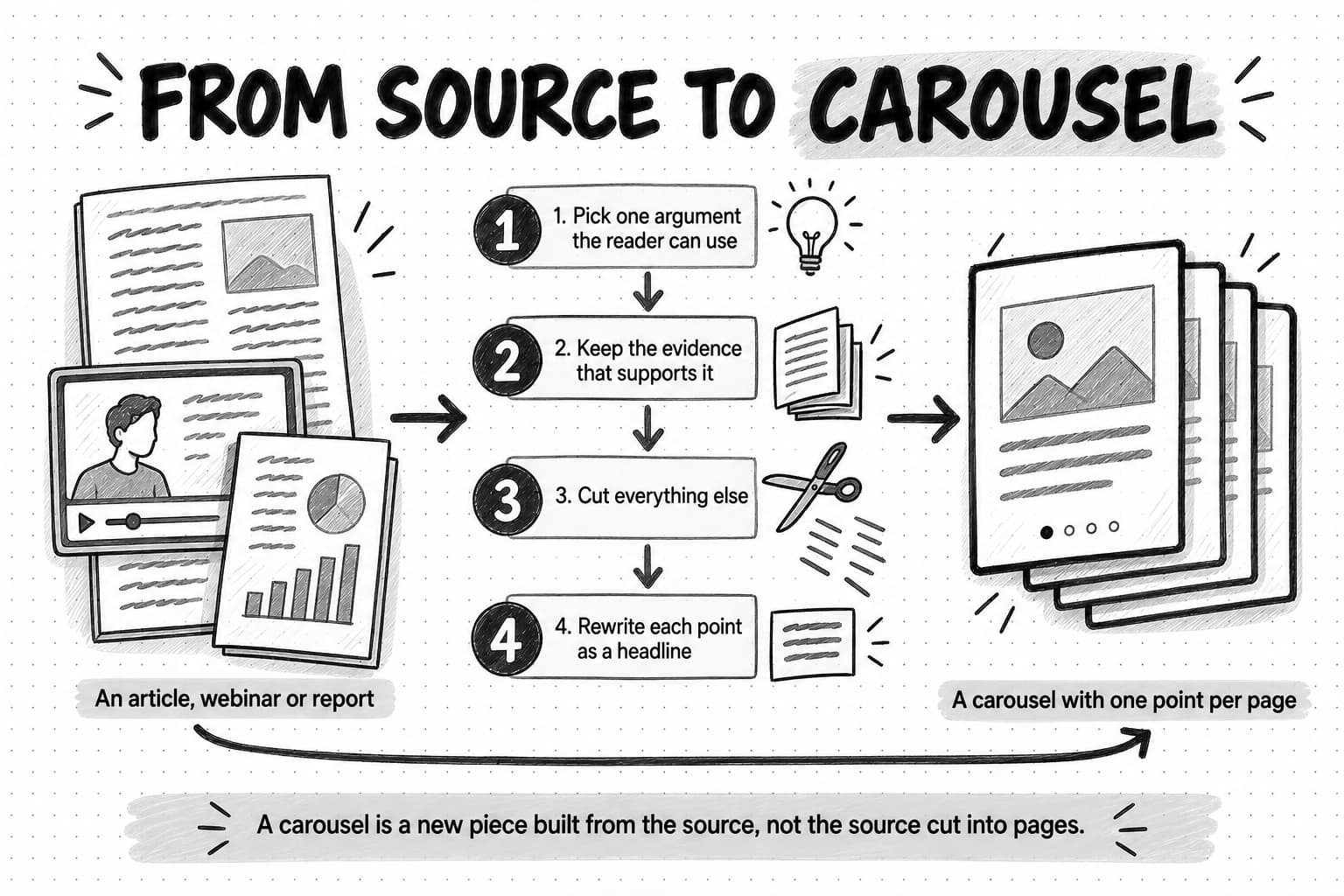 A process sketch titled From source to carousel. On the left, a stack of source material labeled An article, webinar or report. A long arrow runs through four steps: 1. Pick one argument the reader can use; 2. Keep the evidence that supports it; 3. Cut everything else, beside a pair of scissors; 4. Rewrite each point as a headline. On the right, a shaded stack of four slides labeled A carousel with one point per page. A strip at the bottom reads: A carousel is a new piece built from the source, not the source cut into pages.