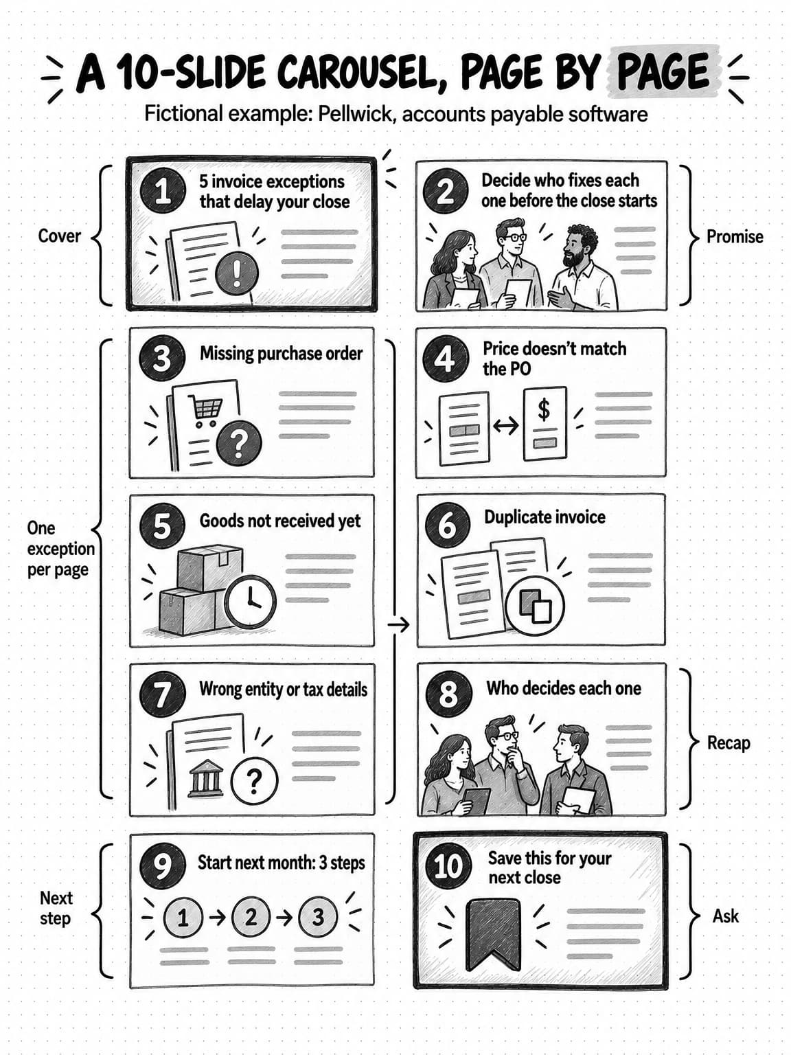 A reference sketch titled A 10-slide carousel, page by page, subtitled Fictional example: Pellwick, accounts payable software. Ten small slide thumbnails in two columns, in order: 1, 5 invoice exceptions that delay your close, labeled Cover; 2, Decide who fixes each one before the close starts, labeled Promise; 3, Missing purchase order; 4, Price doesn't match the PO; 5, Goods not received yet; 6, Duplicate invoice; 7, Wrong entity or tax details, with slides 3 to 7 bracketed as One exception per page; 8, Who decides each one, labeled Recap; 9, Start next month: 3 steps, labeled Next step; 10, Save this for your next close, labeled Ask. Slides 1 and 10 are shaded.