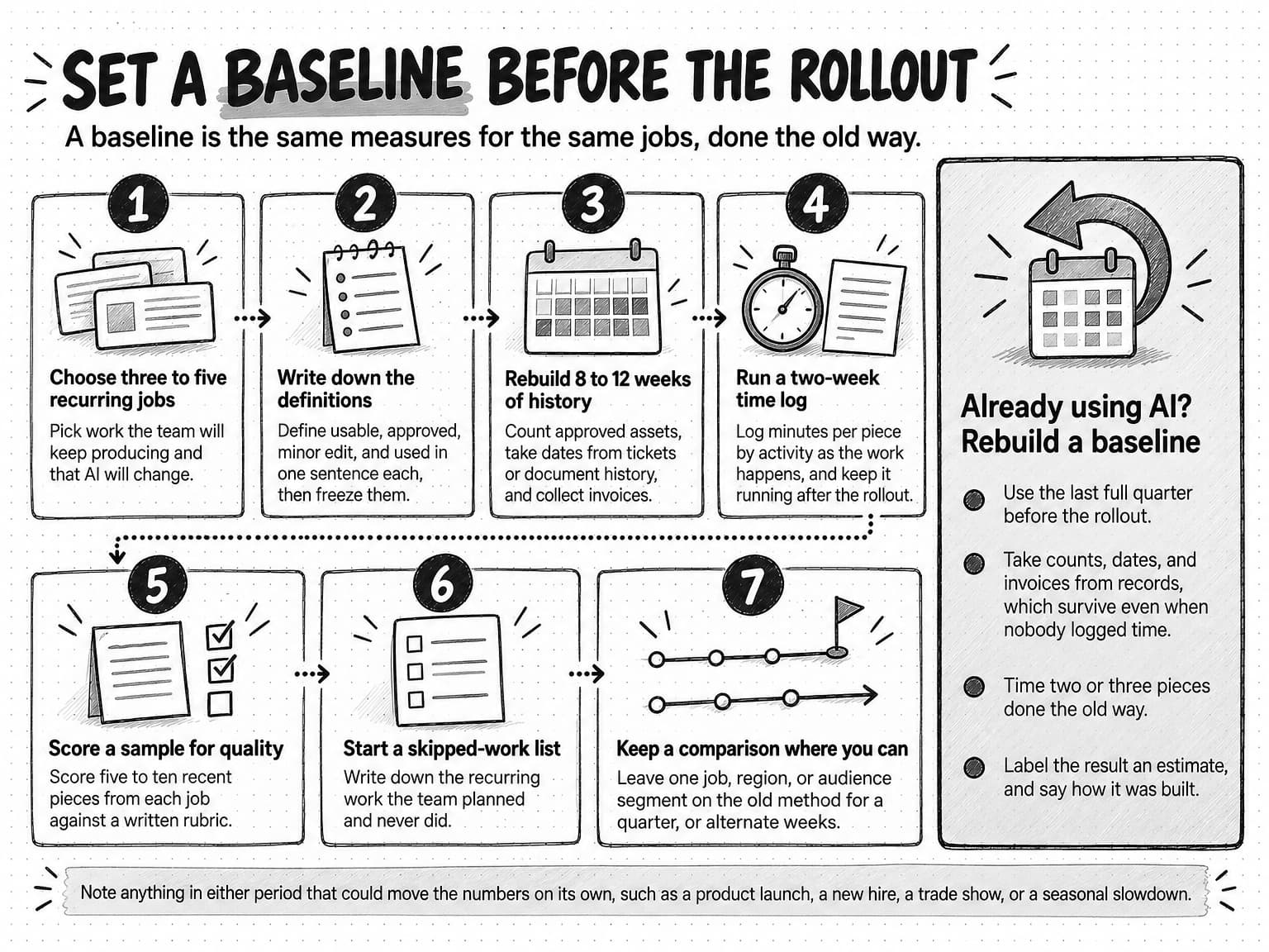 Seven numbered steps titled Set a baseline before the rollout, with the line A baseline is the same measures for the same jobs, done the old way. 1, Choose three to five recurring jobs: pick work the team will keep producing and that AI will change. 2, Write down the definitions: define usable, approved, minor edit, and used in one sentence each, then freeze them. 3, Rebuild 8 to 12 weeks of history: count approved assets, take dates from tickets or document history, and collect invoices. 4, Run a two-week time log: log minutes per piece by activity as the work happens, and keep it running after the rollout. 5, Score a sample for quality: score five to ten recent pieces from each job against a written rubric. 6, Start a skipped-work list: write down the recurring work the team planned and never did. 7, Keep a comparison where you can: leave one job, region, or audience segment on the old method for a quarter, or alternate weeks. A side panel, Already using AI? Rebuild a baseline, says to use the last full quarter before the rollout, take counts, dates, and invoices from records, which survive even when nobody logged time, time two or three pieces done the old way, and label the result an estimate and say how it was built. A band beneath says Note anything in either period that could move the numbers on its own, such as a product launch, a new hire, a trade show, or a seasonal slowdown.