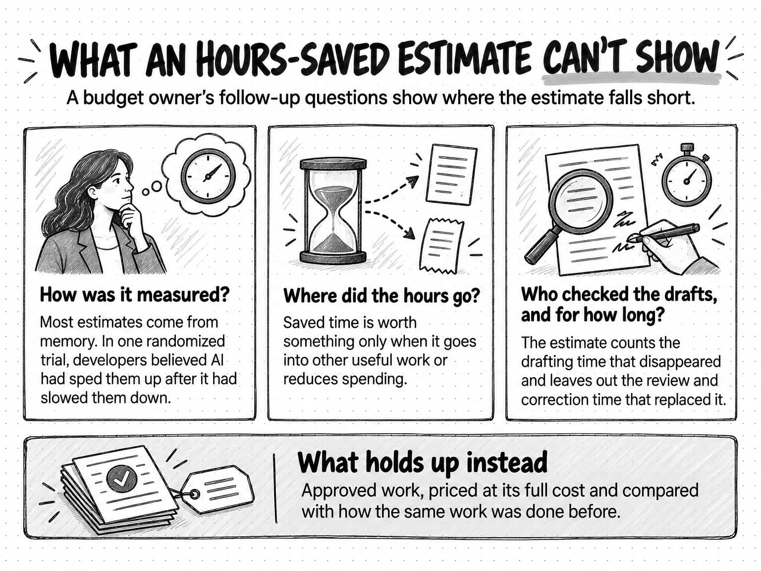 Three cards titled What an hours-saved estimate can't show, with the line A budget owner's follow-up questions show where the estimate falls short. How was it measured? Most estimates come from memory. In one randomized trial, developers believed AI had sped them up after it had slowed them down. Where did the hours go? Saved time is worth something only when it goes into other useful work or reduces spending. Who checked the drafts, and for how long? The estimate counts the drafting time that disappeared and leaves out the review and correction time that replaced it. A band below, What holds up instead, reads Approved work, priced at its full cost and compared with how the same work was done before.