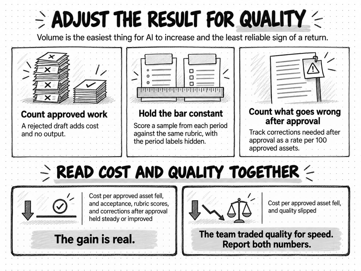 Three cards titled Adjust the result for quality, with the line Volume is the easiest thing for AI to increase and the least reliable sign of a return. Count approved work: a rejected draft adds cost and no output. Hold the bar constant: score a sample from each period against the same rubric, with the period labels hidden. Count what goes wrong after approval: track corrections needed after approval as a rate per 100 approved assets. Below, under Read cost and quality together, two verdicts. If cost per approved asset fell, and acceptance, rubric scores, and corrections after approval held steady or improved, the gain is real. If cost per approved asset fell and quality slipped, the team traded quality for speed, so report both numbers.