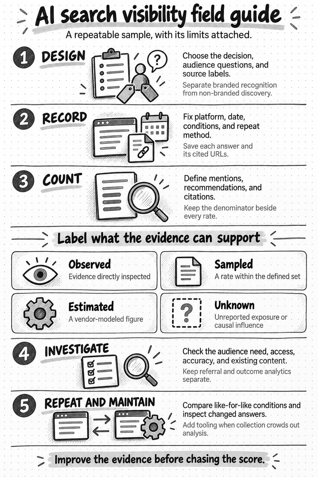 A saveable AI search visibility field guide covers question design, repeatable recording, counting definitions, evidence classes, investigation, and comparable reruns.