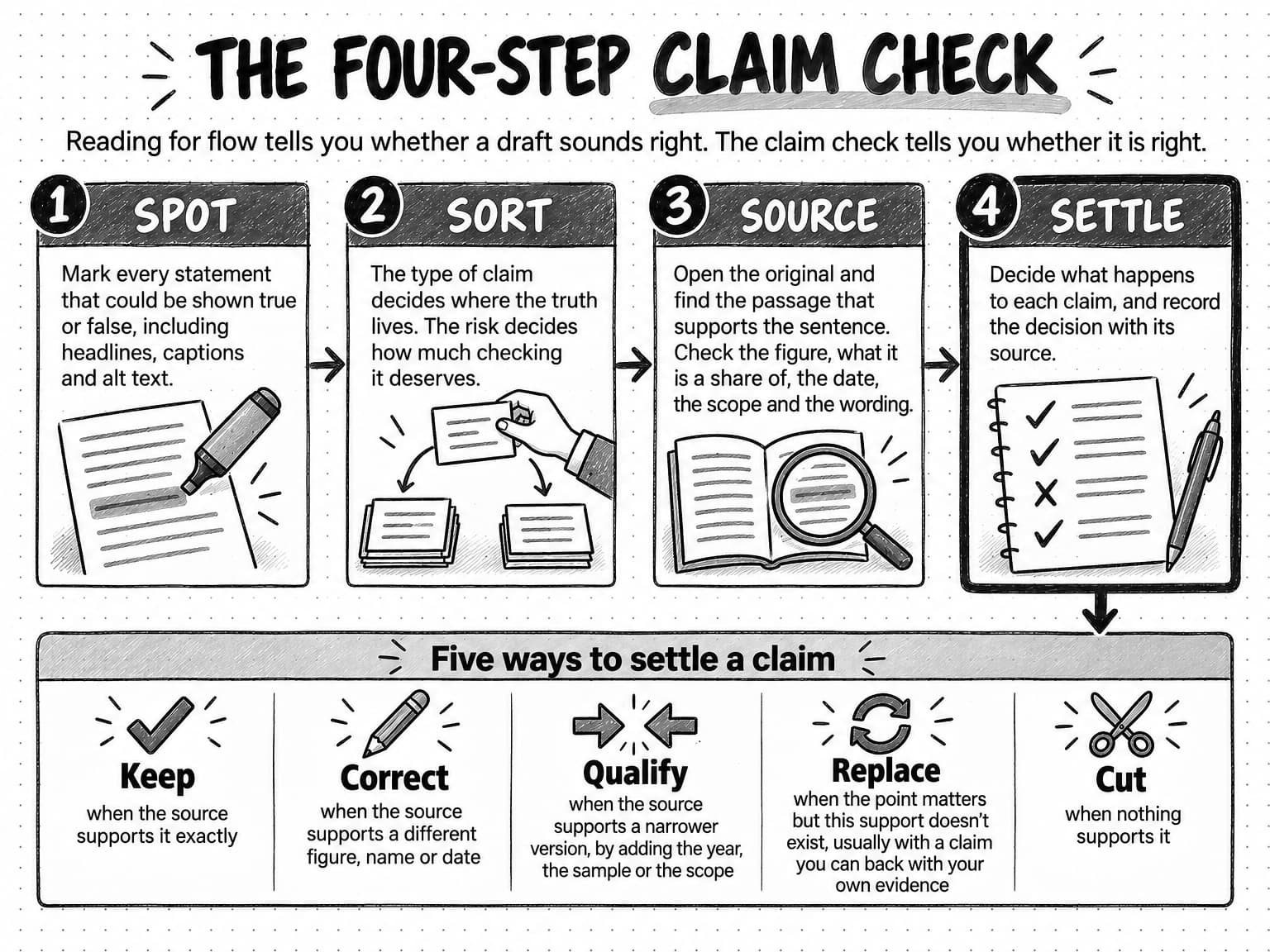 A sketched process diagram titled The four-step claim check, with the line: Reading for flow tells you whether a draft sounds right. The claim check tells you whether it is right. Four numbered panels run left to right, joined by arrows. 1, Spot: mark every statement that could be shown true or false, including headlines, captions and alt text, drawn as a highlighter marking a line on a draft. 2, Sort: the type of claim decides where the truth lives, and the risk decides how much checking it deserves, drawn as a hand placing cards into two piles. 3, Source: open the original and find the passage that supports the sentence, then check the figure, what it is a share of, the date, the scope and the wording, drawn as an open document under a magnifying glass. 4, Settle, with a heavier border: decide what happens to each claim, and record the decision with its source, drawn as a log of ticks and a cross beside a pen. An arrow runs down from Settle to a strip headed Five ways to settle a claim: Keep when the source supports it exactly; Correct when the source supports a different figure, name or date; Qualify when the source supports a narrower version, by adding the year, the sample or the scope; Replace when the point matters but this support doesn't exist, usually with a claim you can back with your own evidence; and Cut when nothing supports it.