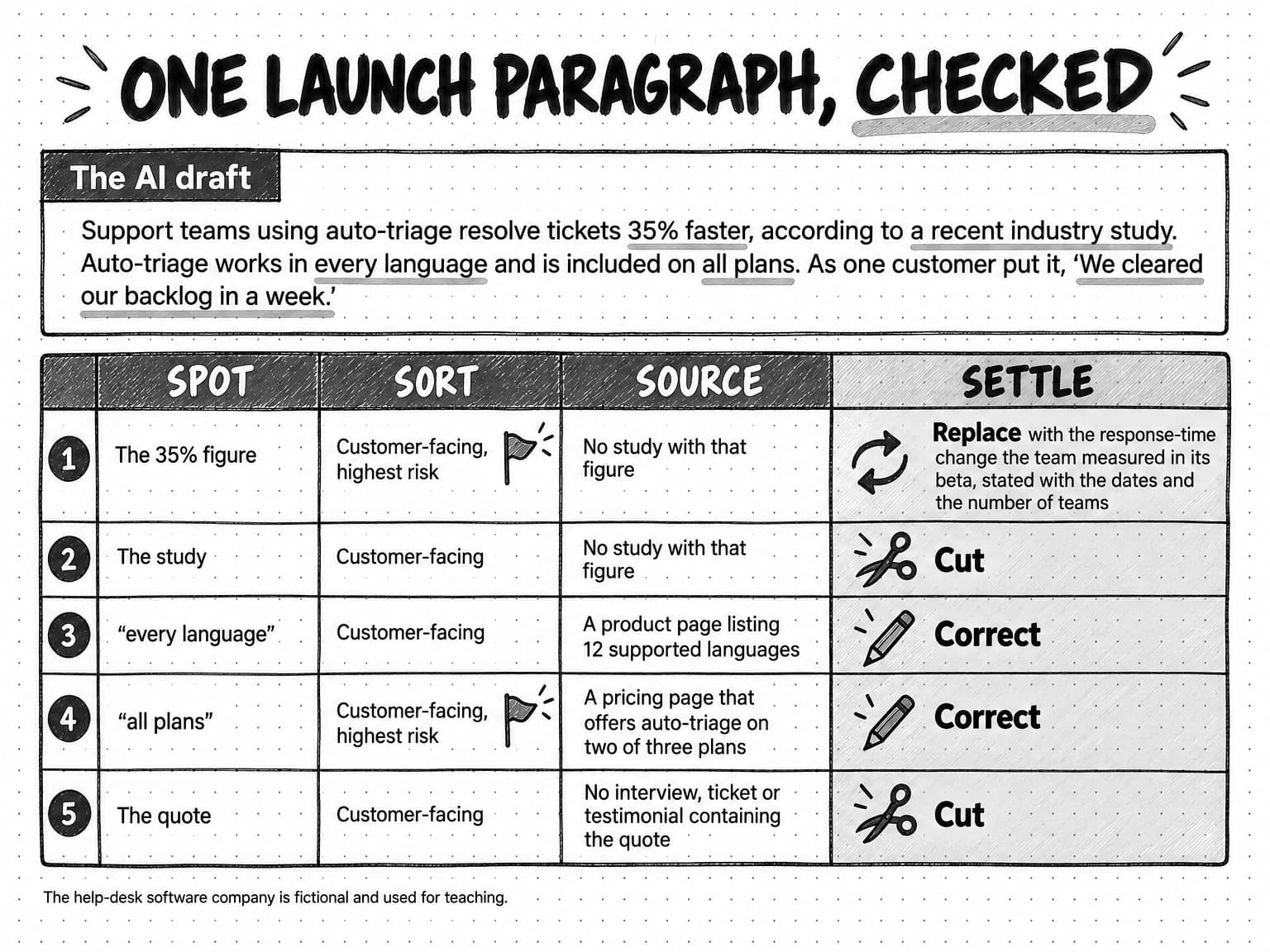 A sketched worked example titled One launch paragraph, checked. A card labeled The AI draft holds the paragraph: Support teams using auto-triage resolve tickets 35% faster, according to a recent industry study. Auto-triage works in every language and is included on all plans. As one customer put it, ‘We cleared our backlog in a week.’ Five phrases are underlined: 35% faster, a recent industry study, every language, all plans, and the customer quote. Below, a table with the columns Spot, Sort, Source and Settle has five numbered rows. Row 1, the 35% figure: customer-facing, highest risk, marked with a flag; no study with that figure; Replace with the response-time change the team measured in its beta, stated with the dates and the number of teams. Row 2, the study: customer-facing; no study with that figure; Cut. Row 3, “every language”: customer-facing; a product page listing 12 supported languages; Correct. Row 4, “all plans”: customer-facing, highest risk, marked with a flag; a pricing page that offers auto-triage on two of three plans; Correct. Row 5, the quote: customer-facing; no interview, ticket or testimonial containing the quote; Cut. A footer note reads: The help-desk software company is fictional and used for teaching.