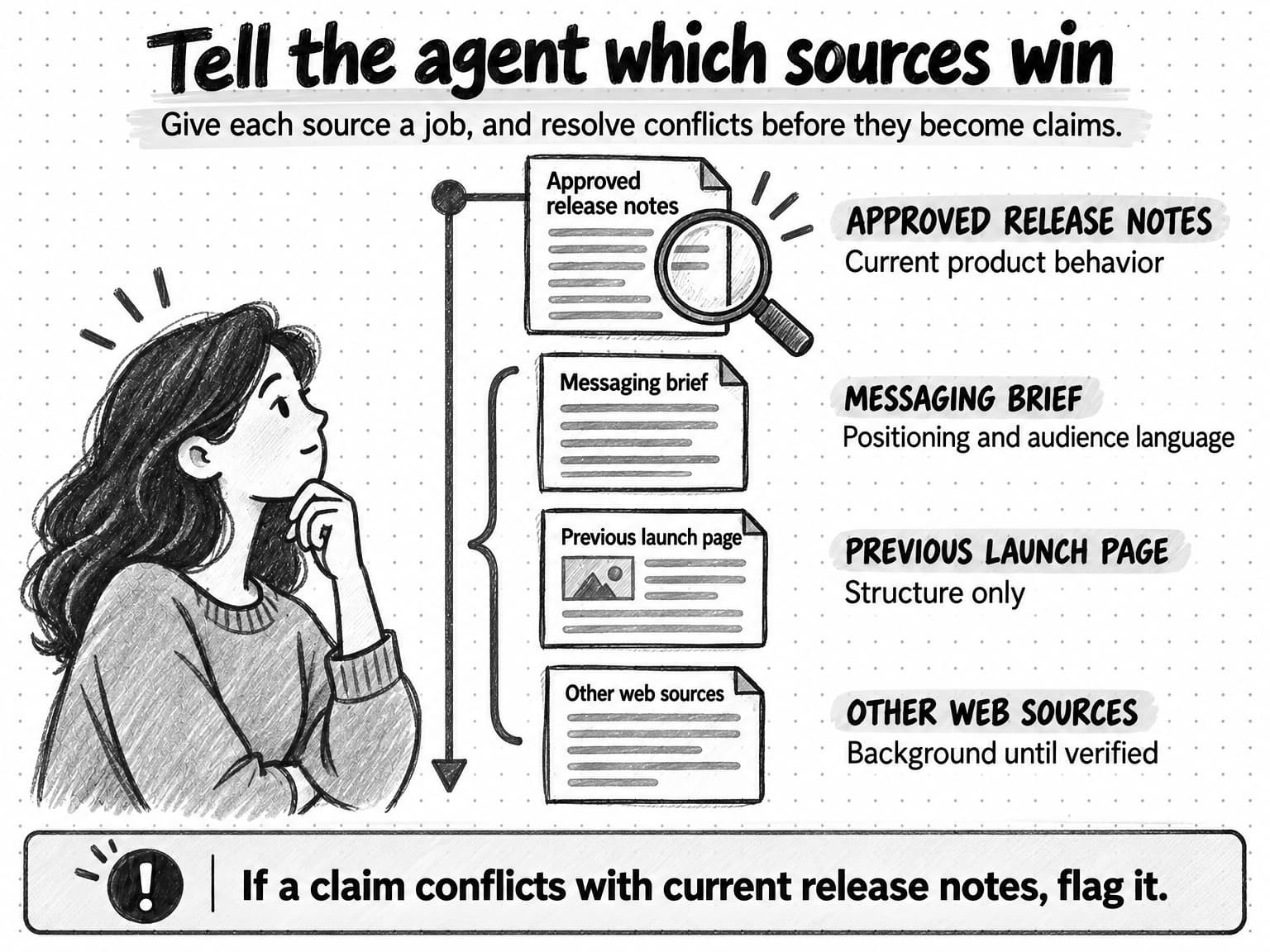 Approved release notes determine current product behavior; the messaging brief guides positioning; the previous launch page supplies structure only; other web sources remain background until verified.