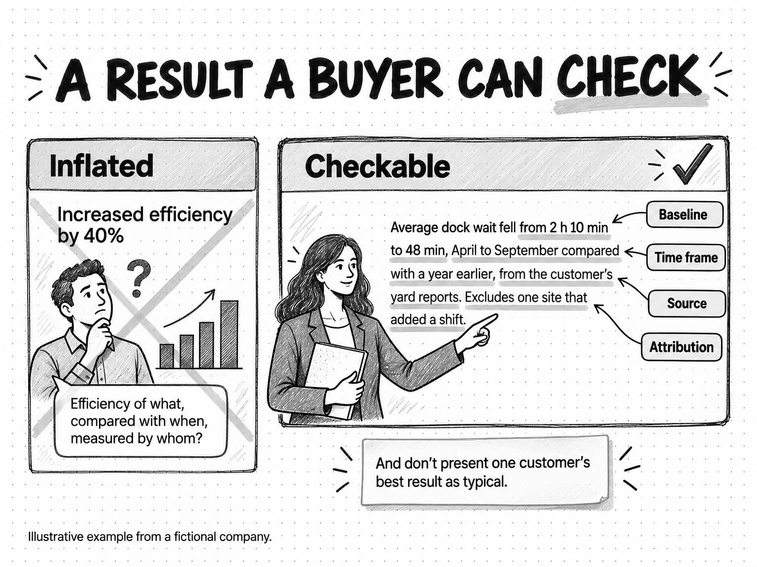 A comparison titled A result a buyer can check. On the left, a crossed-out card labeled Inflated reads Increased efficiency by 40%, with a puzzled reader and the note Efficiency of what, compared with when, measured by whom? On the right, a card labeled Checkable, with a check mark, reads Average dock wait fell from 2 h 10 min to 48 min, April to September compared with a year earlier, from the customer's yard reports. Excludes one site that added a shift. Four labels point to the matching phrases: Baseline, Time frame, Source, and Attribution. A note beneath adds And don't present one customer's best result as typical. A footer says Illustrative example from a fictional company.