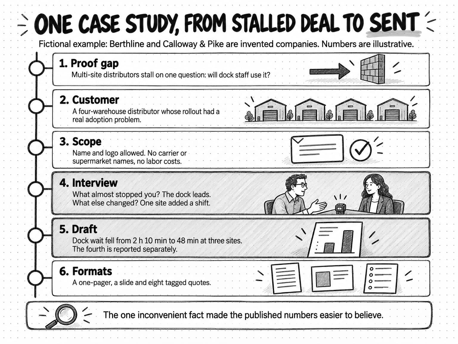 A timeline titled One case study, from stalled deal to sent, with the line Fictional example: Berthline and Calloway & Pike are invented companies. Numbers are illustrative. Six stages run down the page. 1, Proof gap: multi-site distributors stall on one question, will dock staff use it? beside an arrow stopped at a wall. 2, Customer: a four-warehouse distributor whose rollout had a real adoption problem, beside four warehouses. 3, Scope: name and logo allowed, no carrier or supermarket names, no labor costs, beside an email with a check mark. 4, Interview: What almost stopped you? The dock leads. What else changed? One site added a shift, beside two people at a table with a recorder. 5, Draft: dock wait fell from 2 h 10 min to 48 min at three sites, and the fourth is reported separately, beside a page with two bars. 6, Formats: a one-pager, a slide and eight tagged quotes. A closing note says The one inconvenient fact made the published numbers easier to believe.