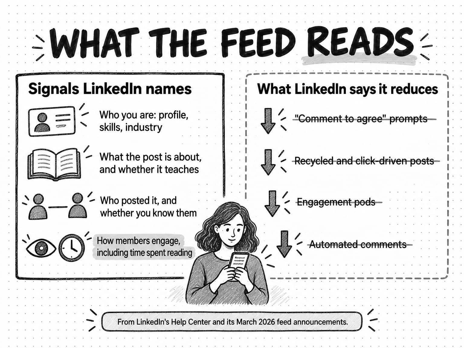 A diagram titled What the feed reads, with a woman reading a post on her phone between two panels. The left panel, Signals LinkedIn names, lists four signals with icons: who you are, from profile, skills, and industry; what the post is about, and whether it teaches; who posted it, and whether you know them; and, highlighted, how members engage, including time spent reading. The dashed right panel, What LinkedIn says it reduces, shows four struck-through items, each with a downward arrow: comment to agree prompts, recycled and click-driven posts, engagement pods, and automated comments. A note at the bottom reads From LinkedIn's Help Center and its March 2026 feed announcements.