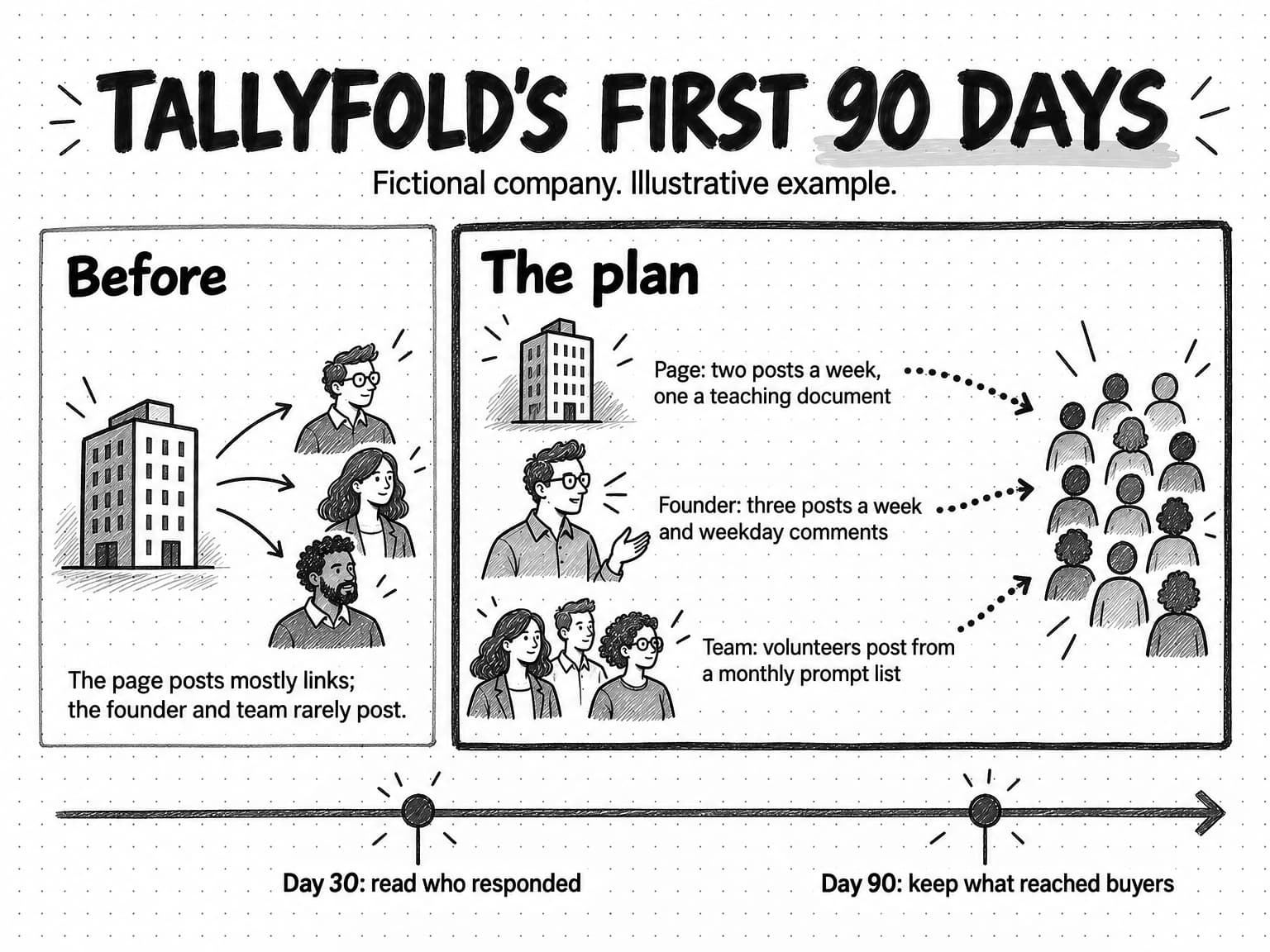 A sketch titled Tallyfold's first 90 days, labeled Fictional company. Illustrative example. A lighter left panel, Before, shows an office building sending a few arrows to three colleagues, with the note The page posts mostly links; the founder and team rarely post. A heavier right panel, The plan, shows three accounts with dotted arrows running to a wider crowd of readers: Page: two posts a week, one a teaching document; Founder: three posts a week and weekday comments; and Team: volunteers post from a monthly prompt list. A timeline along the bottom marks Day 30: read who responded, and Day 90: keep what reached buyers.