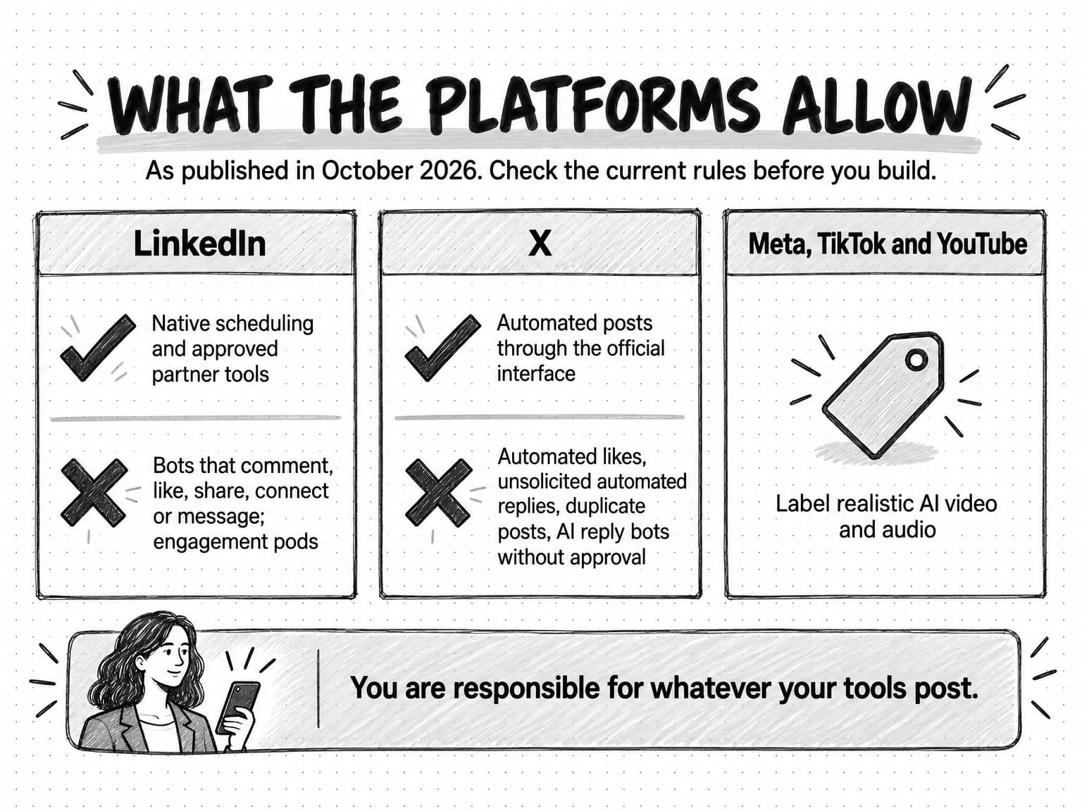 Three columns titled What the platforms allow, as published in October 2026. LinkedIn allows native scheduling and approved partner tools, and prohibits bots that comment, like, share, connect or message, and engagement pods. X allows automated posts through the official interface, and prohibits automated likes, unsolicited automated replies, duplicate posts, and AI reply bots without approval. Meta, TikTok and YouTube ask you to label realistic AI video and audio. A banner reads: You are responsible for whatever your tools post.