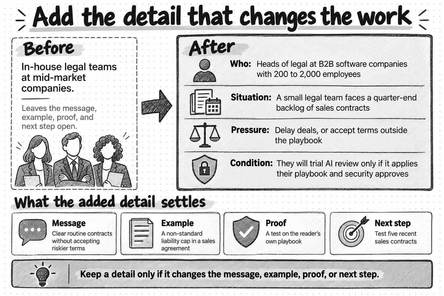Clauseway’s campaign audience before and after. The vague version, in-house legal teams at mid-market companies, leaves the message, example, proof, and next step open. The fuller version adds who the readers are, their quarter-end situation, the pressure they face, and their conditions for a trial, which settles all four.