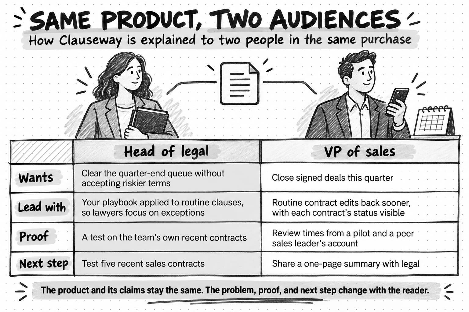Clauseway explained to a head of legal and a VP of sales. For the head of legal, the message leads with the playbook applied to routine clauses, the proof is a test on the team’s own recent contracts, and the next step is to test five recent sales contracts. For the VP of sales, it leads with routine contract edits coming back sooner, the proof is pilot review times and a peer sales leader’s account, and the next step is to share a one-page summary with legal.