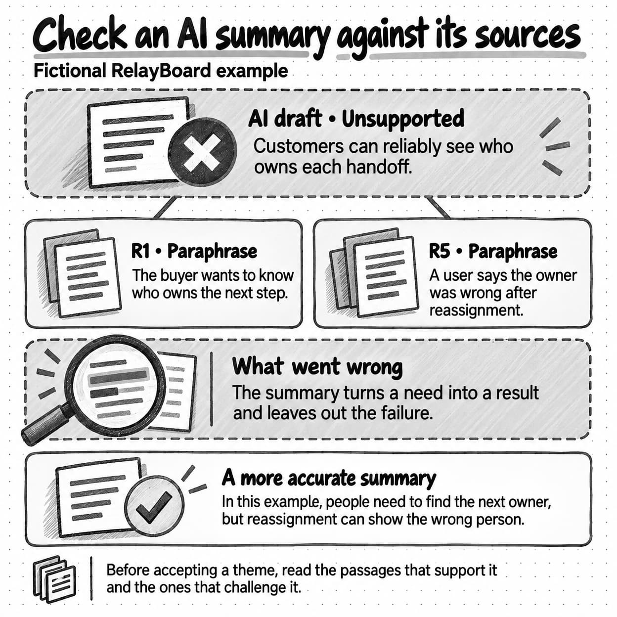 An AI summary claiming reliable ownership is checked against fictional R1 and R5 paraphrases. The corrected summary preserves both the buyer's need and the reported failure.