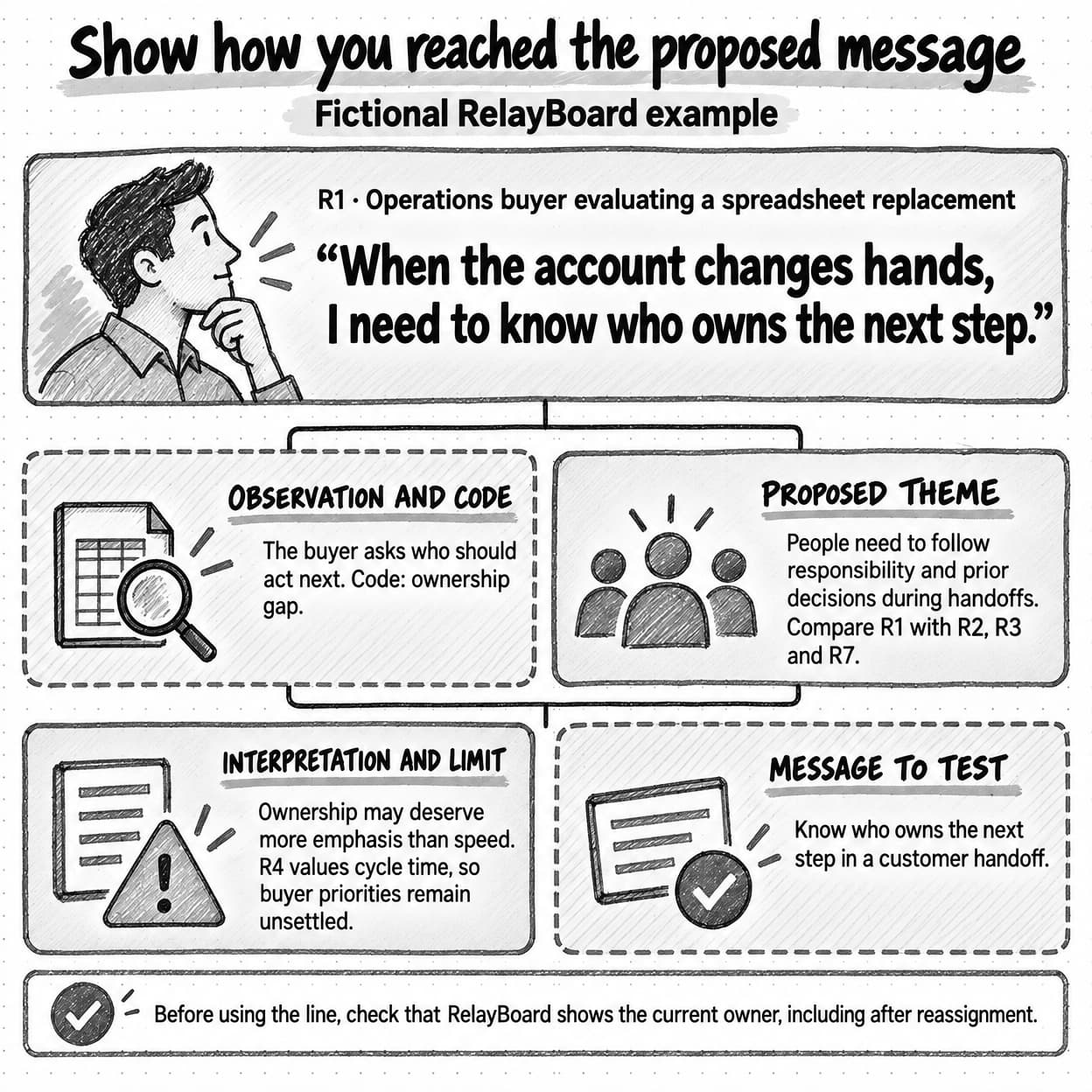 Fictional R1 quotation about the next owner, followed by an observation about unclear responsibility, a proposed visibility theme, and a message to test.