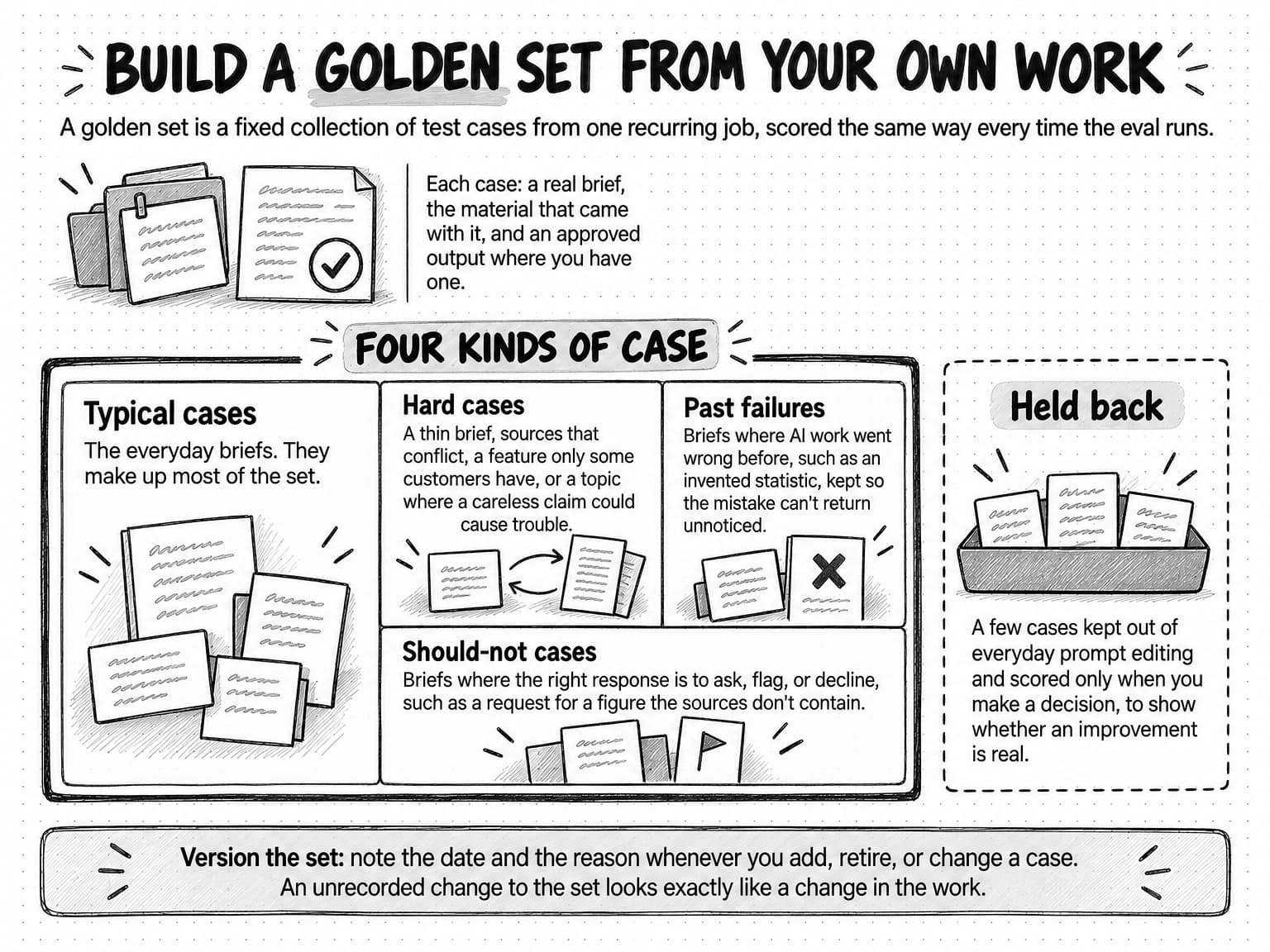 A diagram titled Build a golden set from your own work, with the line A golden set is a fixed collection of test cases from one recurring job, scored the same way every time the eval runs. A small sketch shows one case, a brief clipped to its source pages beside an approved page with a check mark: each case is a real brief, the material that came with it, and an approved output where you have one. Under Four kinds of case, a box is divided into four compartments, the largest first. Typical cases: the everyday briefs, which make up most of the set. Hard cases: a thin brief, sources that conflict, a feature only some customers have, or a topic where a careless claim could cause trouble. Past failures: briefs where AI work went wrong before, such as an invented statistic, kept so the mistake can't return unnoticed. Should-not cases: briefs where the right response is to ask, flag, or decline, such as a request for a figure the sources don't contain. Beside the box, a separate dashed tray labeled Held back holds a few cases kept out of everyday prompt editing and scored only when you make a decision, to show whether an improvement is real. A strip beneath says to version the set: note the date and the reason whenever you add, retire, or change a case, because an unrecorded change to the set looks exactly like a change in the work.