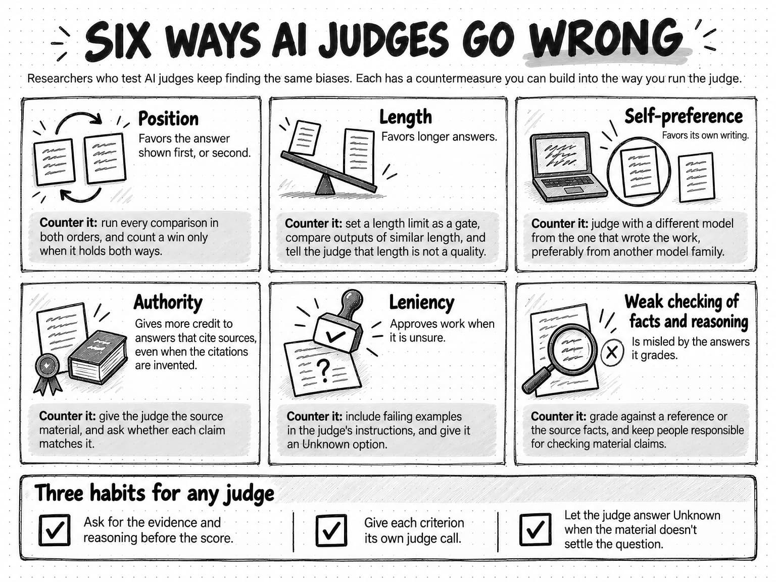 Six cards in two rows, titled Six ways AI judges go wrong, with the line Researchers who test AI judges keep finding the same biases. Each has a countermeasure you can build into the way you run the judge. Position: favors the answer shown first, or second; counter it by running every comparison in both orders and counting a win only when it holds both ways. Length: favors longer answers; counter it by setting a length limit as a gate, comparing outputs of similar length, and telling the judge that length is not a quality. Self-preference: favors its own writing; counter it by judging with a different model from the one that wrote the work, preferably from another model family. Authority: gives more credit to answers that cite sources, even when the citations are invented; counter it by giving the judge the source material and asking whether each claim matches it. Leniency: approves work when it is unsure; counter it by including failing examples in the judge's instructions and giving it an Unknown option. Weak checking of facts and reasoning: is misled by the answers it grades; counter it by grading against a reference or the source facts and keeping people responsible for checking material claims. A strip beneath lists three habits for any judge: ask for the evidence and reasoning before the score; give each criterion its own judge call; let the judge answer Unknown when the material doesn't settle the question.