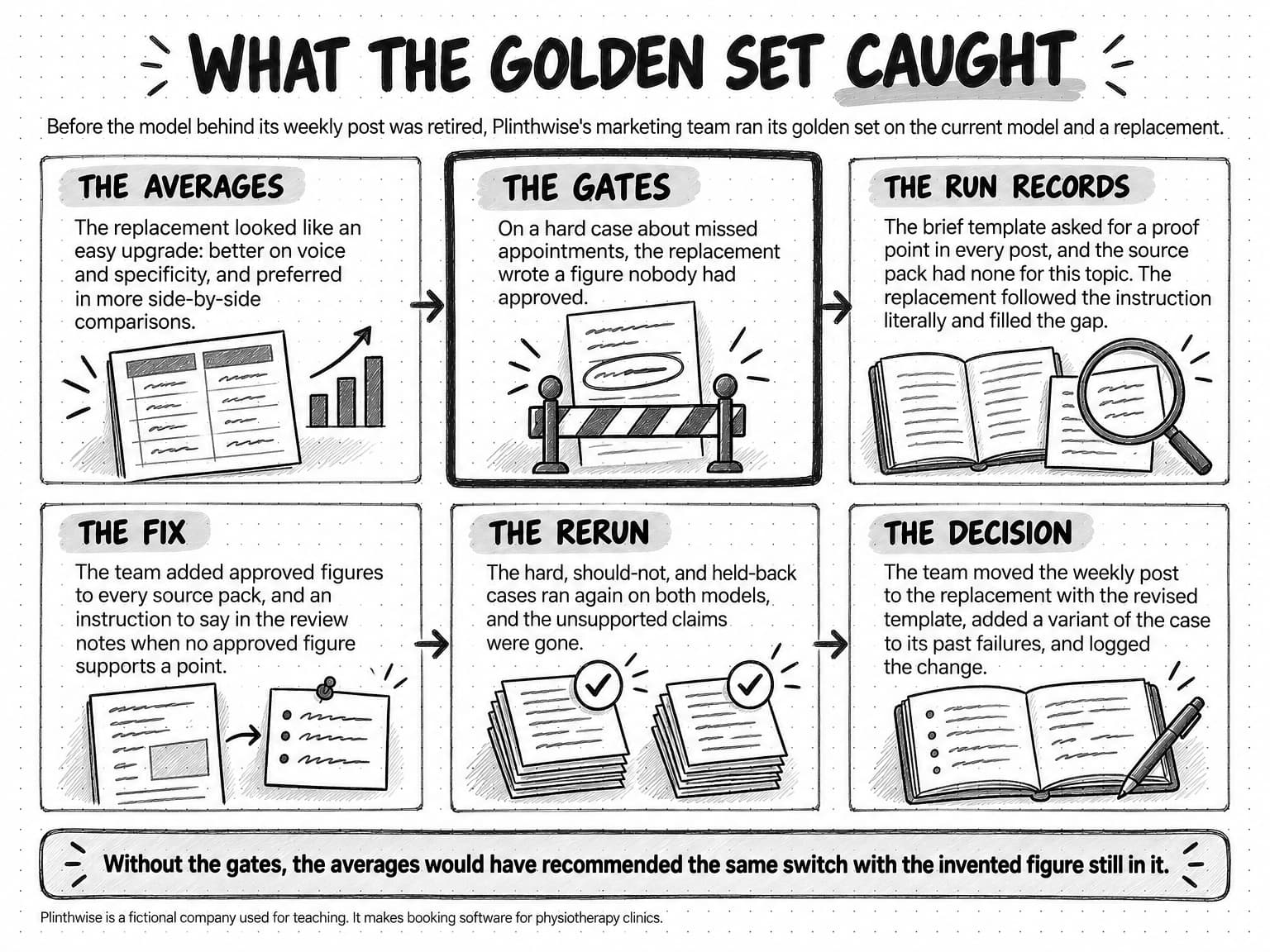 Six panels joined by arrows, titled What the golden set caught, with the line Before the model behind its weekly post was retired, Plinthwise's marketing team ran its golden set on the current model and a replacement. The averages: the replacement looked like an easy upgrade, better on voice and specificity, and preferred in more side-by-side comparisons. The gates, drawn with the heaviest border: on a hard case about missed appointments, the replacement wrote a figure nobody had approved. The run records: the brief template asked for a proof point in every post, and the source pack had none for this topic, so the replacement followed the instruction literally and filled the gap. The fix: the team added approved figures to every source pack, and an instruction to say in the review notes when no approved figure supports a point. The rerun: the hard, should-not, and held-back cases ran again on both models, and the unsupported claims were gone. The decision: the team moved the weekly post to the replacement with the revised template, added a variant of the case to its past failures, and logged the change. A strip beneath says that without the gates, the averages would have recommended the same switch with the invented figure still in it. A footnote says Plinthwise is a fictional company used for teaching that makes booking software for physiotherapy clinics.