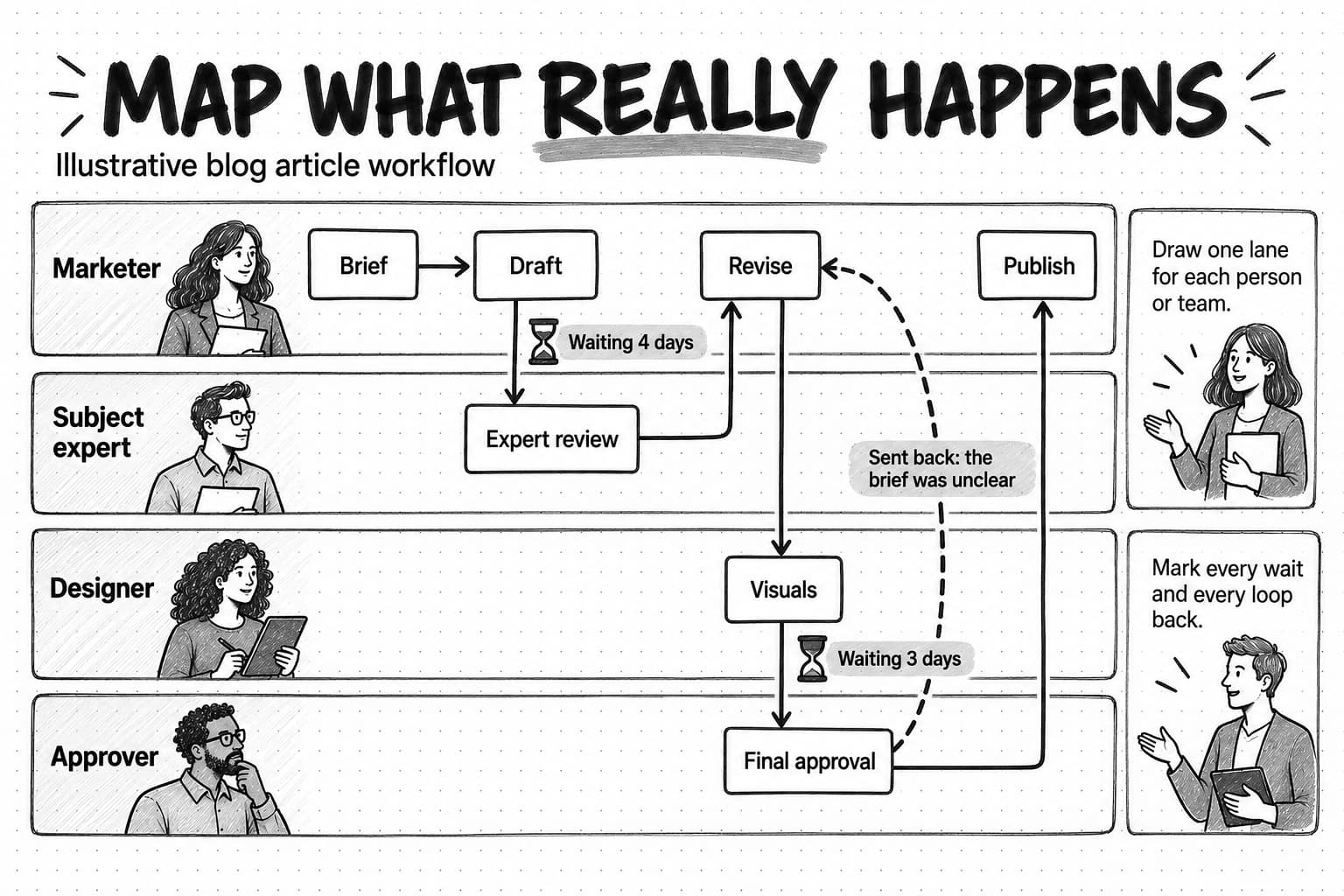 An illustrative swimlane map titled Map what really happens, for a blog article workflow, with lanes for Marketer, Subject expert, Designer, and Approver. Work flows from Brief to Draft, waits 4 days, goes to Expert review, then to Revise, Visuals, waits 3 days, then to Final approval and Publish. A dashed arrow from Final approval back to Revise is labeled Sent back: the brief was unclear. Side notes read: Draw one lane for each person or team, and Mark every wait and every loop back.