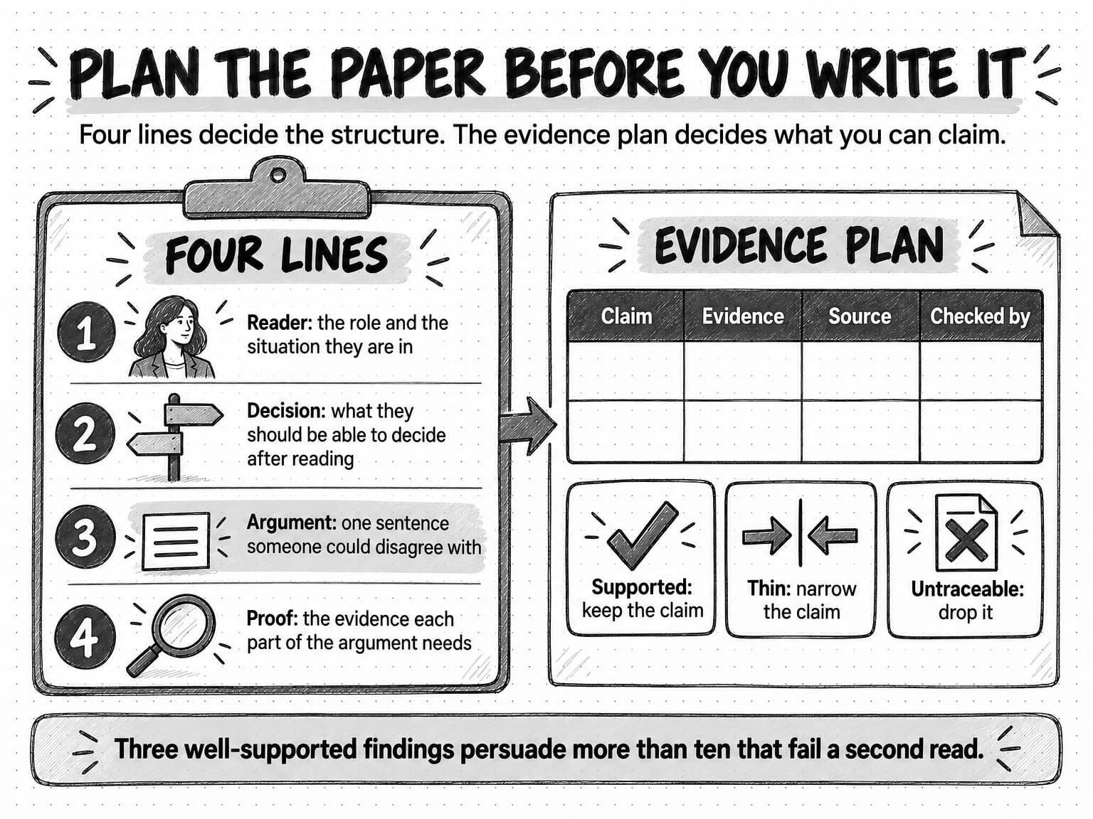 A planning sheet titled Plan the paper before you write it. A clipboard lists four lines: Reader, the role and the situation they are in; Decision, what they should be able to decide after reading; Argument, one sentence someone could disagree with; Proof, the evidence each part of the argument needs. An arrow leads to an evidence plan table with the columns Claim, Evidence, Source and Checked by, and three outcomes: Supported, keep the claim; Thin, narrow the claim; Untraceable, drop it. The takeaway reads Three well-supported findings persuade more than ten that fail a second read.