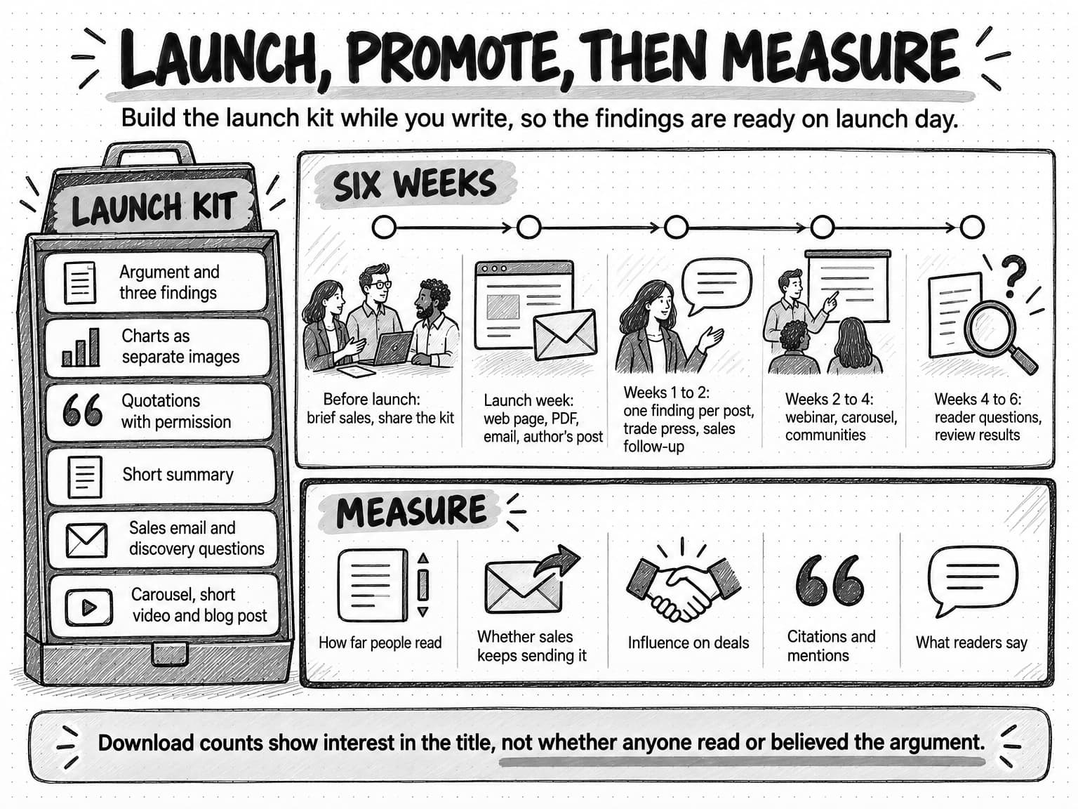 A plan titled Launch, promote, then measure, with the line Build the launch kit while you write, so the findings are ready on launch day. A launch kit holds six items: argument and three findings, charts as separate images, quotations with permission, a short summary, a sales email and discovery questions, and a carousel, short video and blog post. A six-week timeline runs from before launch (brief sales, share the kit) through launch week, weeks 1 to 2, weeks 2 to 4 and weeks 4 to 6. A Measure box lists how far people read, whether sales keeps sending it, influence on deals, citations and mentions, and what readers say. The note reads Download counts show interest in the title, not whether anyone read or believed the argument.
