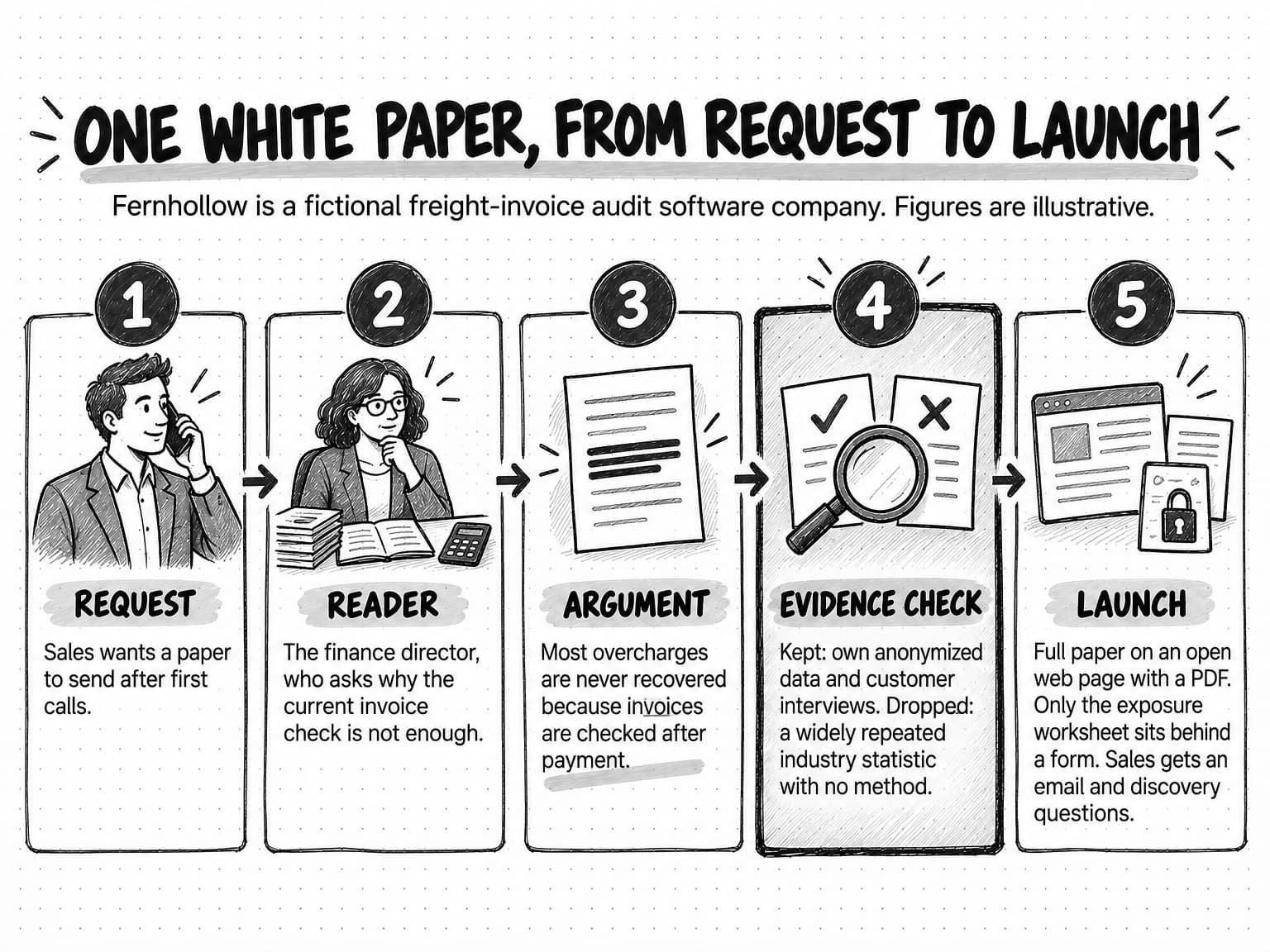 Five numbered step cards titled One white paper, from request to launch, labeled as a fictional example: Fernhollow is a fictional freight-invoice audit software company and figures are illustrative. 1 Request: sales wants a paper to send after first calls. 2 Reader: the finance director, who asks why the current invoice check is not enough. 3 Argument: most overcharges are never recovered because invoices are checked after payment. 4 Evidence check, highlighted: own anonymized data and customer interviews kept, a widely repeated industry statistic with no method dropped. 5 Launch: the full paper on an open web page with a PDF, only the exposure worksheet behind a form, and an email and discovery questions for sales.