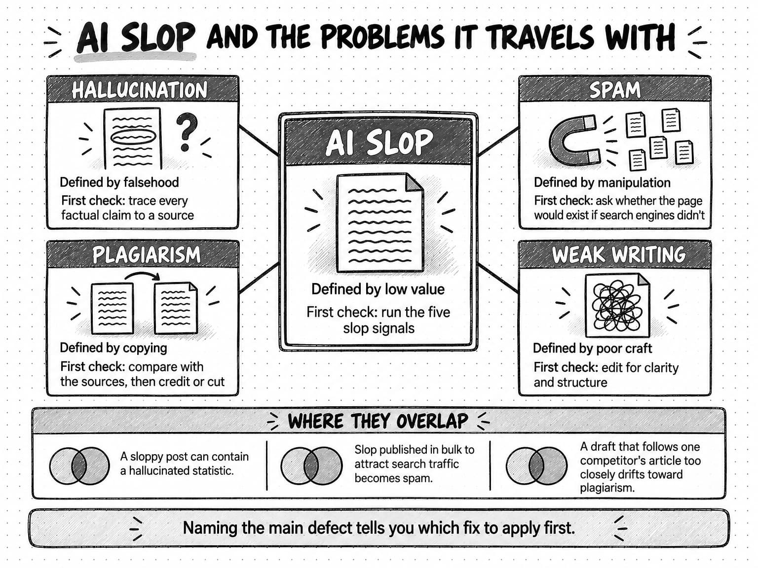 A sketched diagram titled AI slop and the problems it travels with. A central card headed AI slop, drawn with a double border around a page of identical wavy lines, reads: Defined by low value. First check: run the five slop signals. Lines connect it to four cards. Hallucination, beside a page with one circled line and a question mark, reads: Defined by falsehood. First check: trace every factual claim to a source. Spam, beside a magnet pulling a scatter of small pages, reads: Defined by manipulation. First check: ask whether the page would exist if search engines didn't. Plagiarism, beside two matching pages joined by a curved arrow, reads: Defined by copying. First check: compare with the sources, then credit or cut. Weak writing, beside a page filled with a tangled scribble, reads: Defined by poor craft. First check: edit for clarity and structure. A strip headed Where they overlap shows three pairs of overlapping circles beside the lines: A sloppy post can contain a hallucinated statistic. Slop published in bulk to attract search traffic becomes spam. A draft that follows one competitor's article too closely drifts toward plagiarism. A band along the bottom reads: Naming the main defect tells you which fix to apply first.