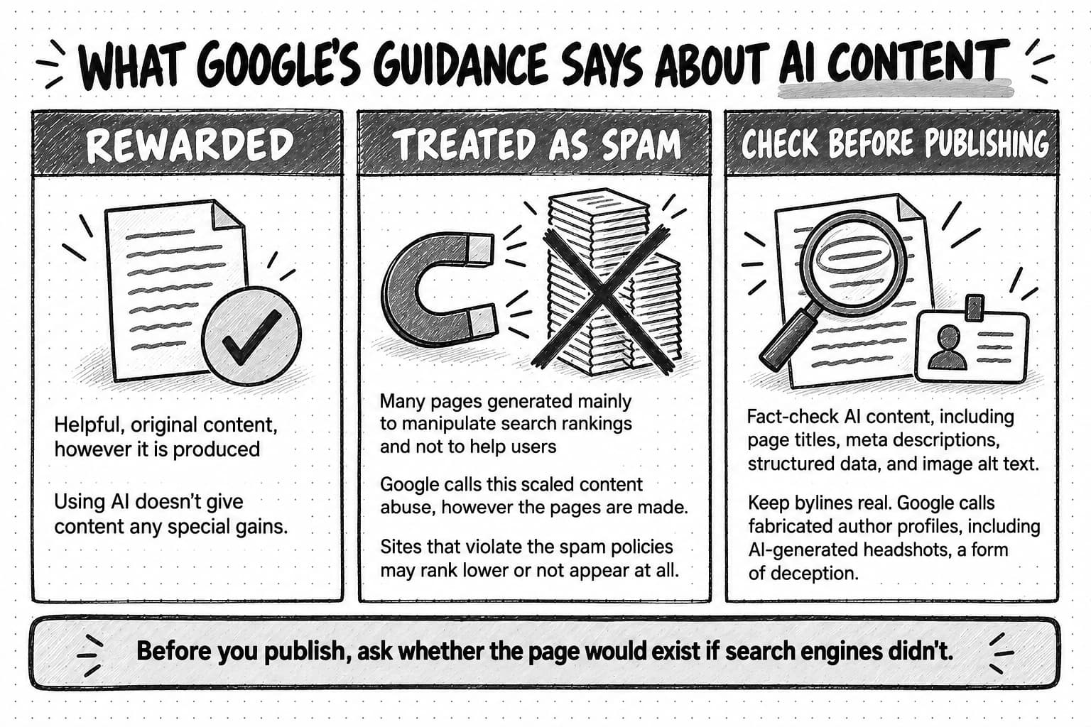 A sketch titled What Google's guidance says about AI content, in three panels. Rewarded, beside a page with a check mark, reads: Helpful, original content, however it is produced. Using AI doesn't give content any special gains. Treated as spam, beside a magnet pulling at a tall stack of pages struck through with an X, reads: Many pages generated mainly to manipulate search rankings and not to help users. Google calls this scaled content abuse, however the pages are made. Sites that violate the spam policies may rank lower or not appear at all. Check before publishing, beside a magnifying glass over a page and a name badge with a person's silhouette, reads: Fact-check AI content, including page titles, meta descriptions, structured data, and image alt text. Keep bylines real. Google calls fabricated author profiles, including AI-generated headshots, a form of deception. A band along the bottom reads: Before you publish, ask whether the page would exist if search engines didn't.