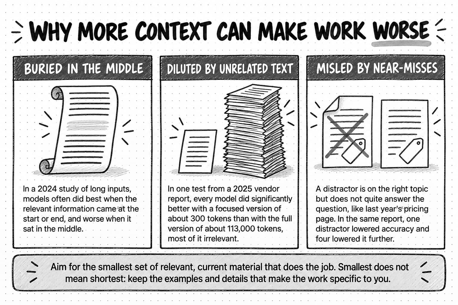 Three panels titled Why more context can make work worse. Buried in the middle shows a long scroll with a faded line halfway down and reads In a 2024 study of long inputs, models often did best when the relevant information came at the start or end, and worse when it sat in the middle. Diluted by unrelated text shows one short page beside a tall stack of paper and reads In one test from a 2025 vendor report, every model did significantly better with a focused version of about 300 tokens than with the full version of about 113,000 tokens, most of it irrelevant. Misled by near-misses shows a crossed-out page with a price tag beside a current page with a price tag and reads A distractor is on the right topic but does not quite answer the question, like last year's pricing page. In the same report, one distractor lowered accuracy and four lowered it further. A band at the bottom reads Aim for the smallest set of relevant, current material that does the job. Smallest does not mean shortest: keep the examples and details that make the work specific to you.