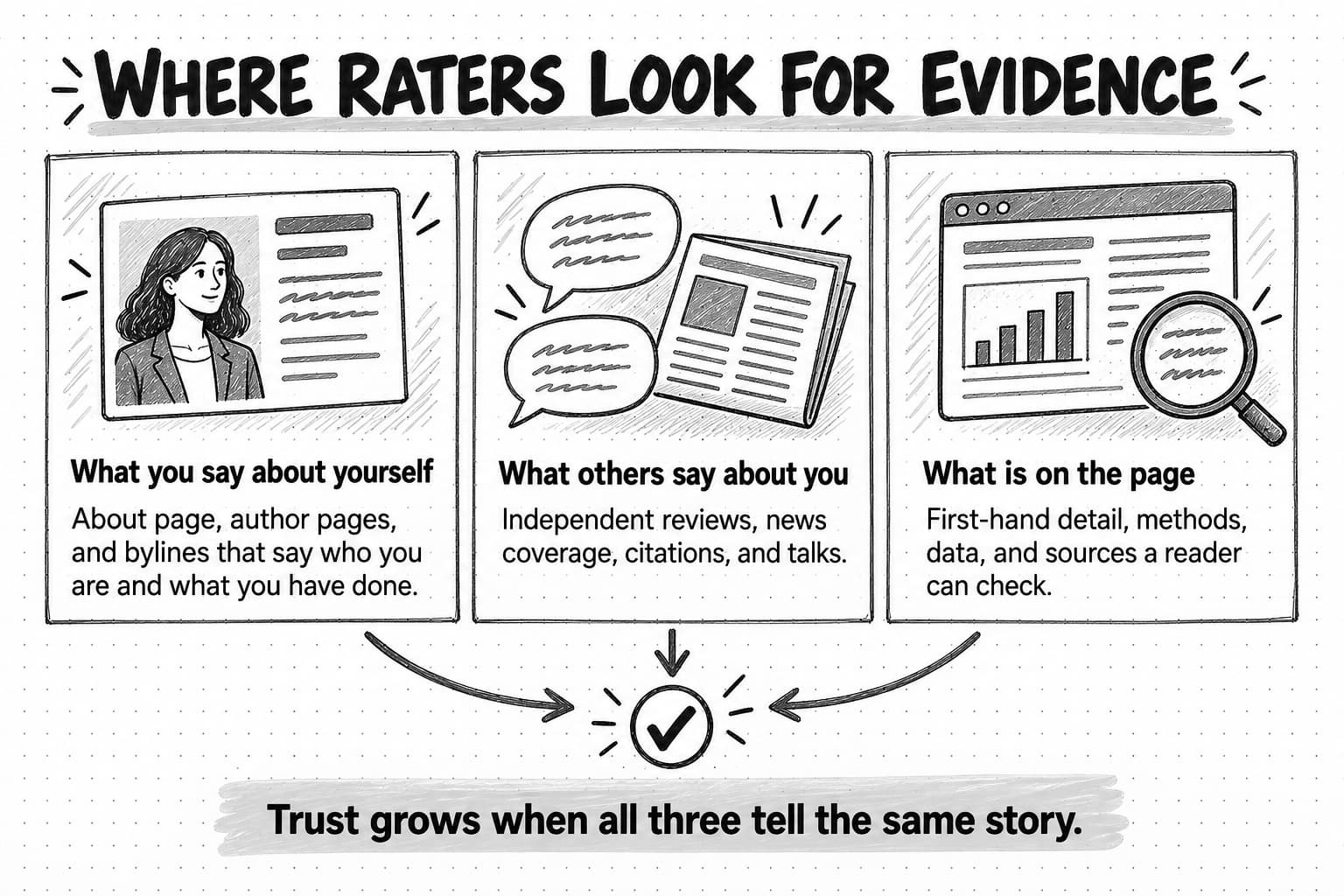 A sketched three-panel diagram titled Where raters look for evidence. What you say about yourself, beside an author profile: About page, author pages, and bylines that say who you are and what you have done. What others say about you, beside speech bubbles and a newspaper: Independent reviews, news coverage, citations, and talks. What is on the page, beside a web page with a chart under a magnifying glass: First-hand detail, methods, data, and sources a reader can check. Arrows from all three meet at a check mark above the line Trust grows when all three tell the same story.