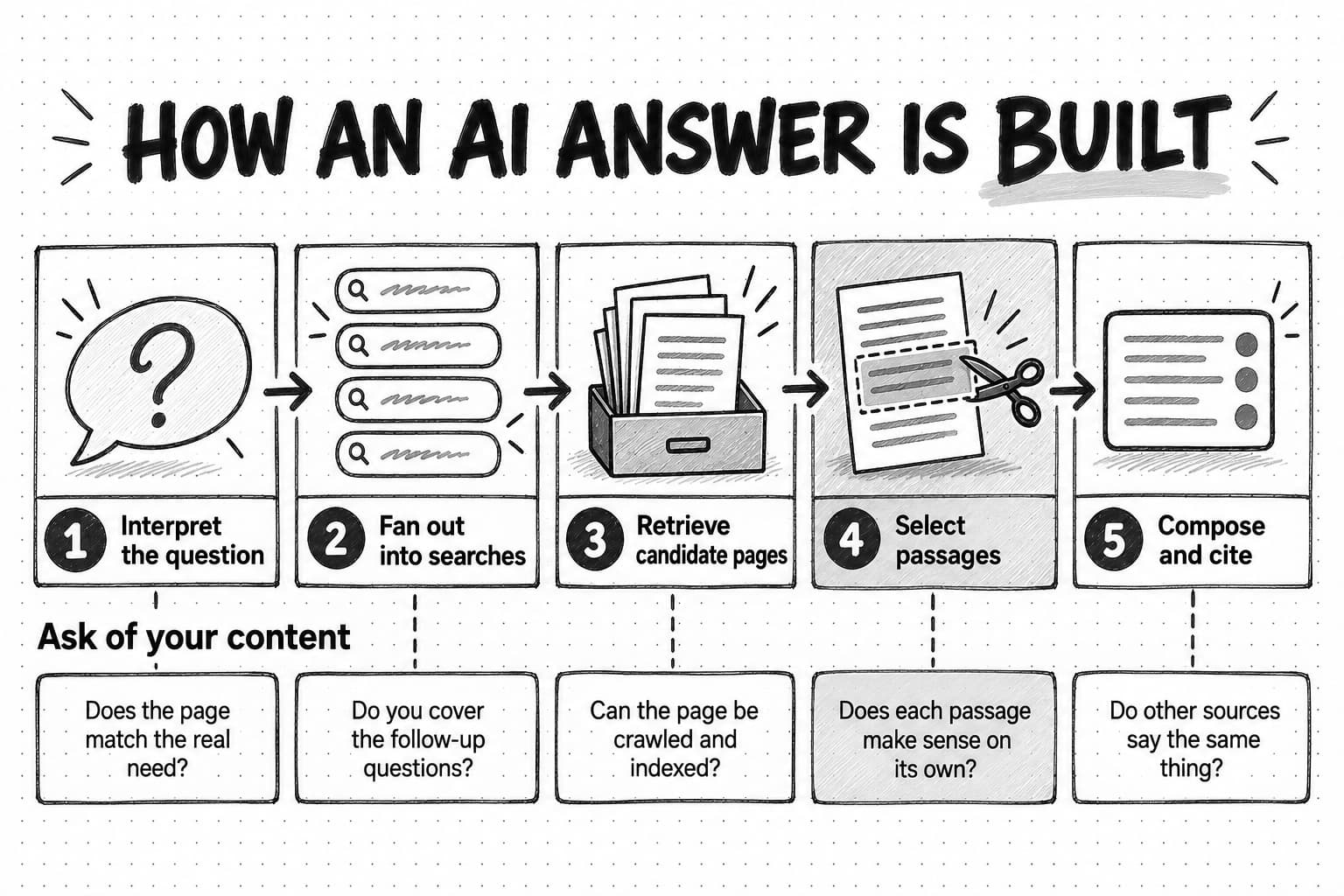 A process diagram titled How an AI answer is built, with five stations joined by arrows: 1 Interpret the question, a speech bubble with a question mark; 2 Fan out into searches, four search bars; 3 Retrieve candidate pages, pages in a drawer; 4 Select passages, scissors cutting a highlighted passage from a page, shaded as the focal point; 5 Compose and cite, an answer card with citation markers. Under the heading Ask of your content, a question sits beneath each station: Does the page match the real need? Do you cover the follow-up questions? Can the page be crawled and indexed? Does each passage make sense on its own? Do other sources say the same thing?