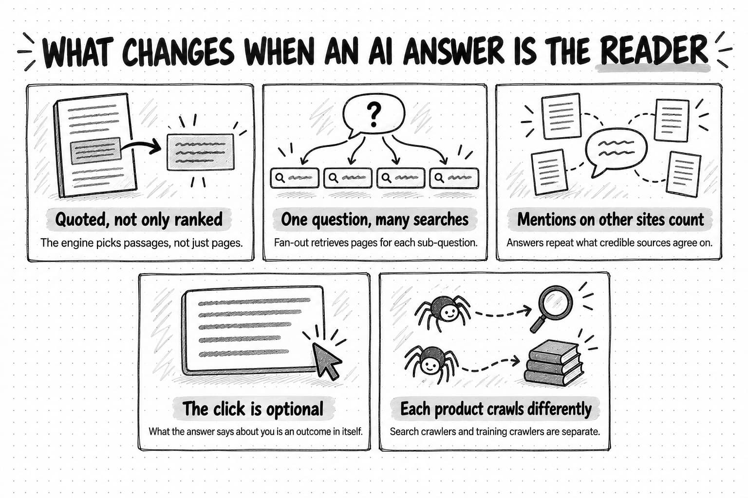 A diagram titled What changes when an AI answer is the reader, with five cards. Quoted, not only ranked: the engine picks passages, not just pages, shown as a highlighted passage lifted from a page. One question, many searches: fan-out retrieves pages for each sub-question, shown as one question branching into four searches. Mentions on other sites count: answers repeat what credible sources agree on, shown as four pages linked to one speech bubble. The click is optional: what the answer says about you is an outcome in itself, shown as a cursor hovering over an answer. Each product crawls differently: search crawlers and training crawlers are separate, shown as two spiders heading to a magnifying glass and a stack of books.