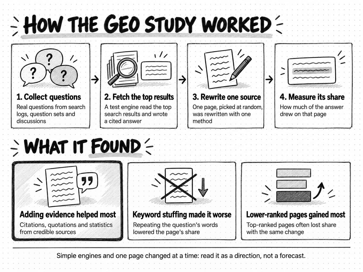 A diagram titled How the GEO study worked. Four step cards joined by arrows: 1. Collect questions, real questions from search logs, question sets and discussions, shown as three question-mark speech bubbles; 2. Fetch the top results, a test engine read the top search results and wrote a cited answer, shown as a magnifying glass over pages feeding an answer card; 3. Rewrite one source, one page, picked at random, was rewritten with one method, shown as a page and pencil; 4. Measure its share, how much of the answer drew on that page, shown as an answer card with one highlighted line. Below, under What it found, three cards: Adding evidence helped most, citations, quotations and statistics from credible sources, drawn with a heavier border; Keyword stuffing made it worse, repeating the question's words lowered the page's share, shown as a crossed-out page and a down arrow; Lower-ranked pages gained most, top-ranked pages often lost share with the same change, shown as stacked bars with an upward arrow from the lowest. Footer: Simple engines and one page changed at a time: read it as a direction, not a forecast.