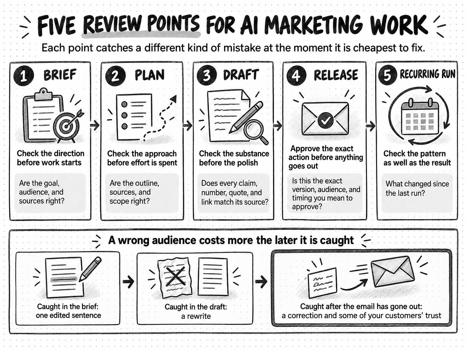 Five numbered cards in a row, joined by arrows, titled Five review points for AI marketing work, with the line Each point catches a different kind of mistake at the moment it is cheapest to fix. 1, Brief: check the direction before work starts; are the goal, audience, and sources right? 2, Plan: check the approach before effort is spent; are the outline, sources, and scope right? 3, Draft: check the substance before the polish; does every claim, number, quote, and link match its source? 4, Release: approve the exact action before anything goes out; is this the exact version, audience, and timing you mean to approve? 5, Recurring run: check the pattern as well as the result; what changed since the last run? A strip beneath, A wrong audience costs more the later it is caught, shows three panels joined by arrows: caught in the brief, one edited sentence; caught in the draft, a rewrite, drawn as a crossed-out page beside a new one; and, in a heavier frame, caught after the email has gone out, a correction and some of your customers' trust.