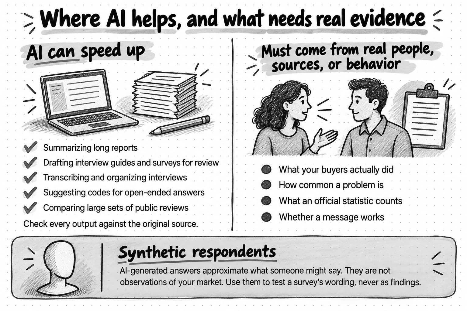 AI can speed up summarizing reports, drafting interview guides and surveys for review, transcribing and organizing interviews, suggesting codes for open-ended answers, and comparing large sets of public reviews. What buyers did, how common a problem is, what an official statistic counts, and whether a message works must come from real people, sources, or behavior. Synthetic respondents approximate what someone might say and are not observations of your market.