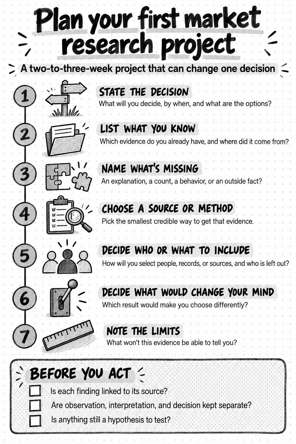 A seven-step plan for a first market research project: state the decision, list what you know, name what's missing, choose a source or method, decide who or what to include, decide what would change your mind, and note the limits. A closing checklist asks whether each finding is linked to its source, whether observation, interpretation, and decision are kept separate, and whether anything is still a hypothesis to test.