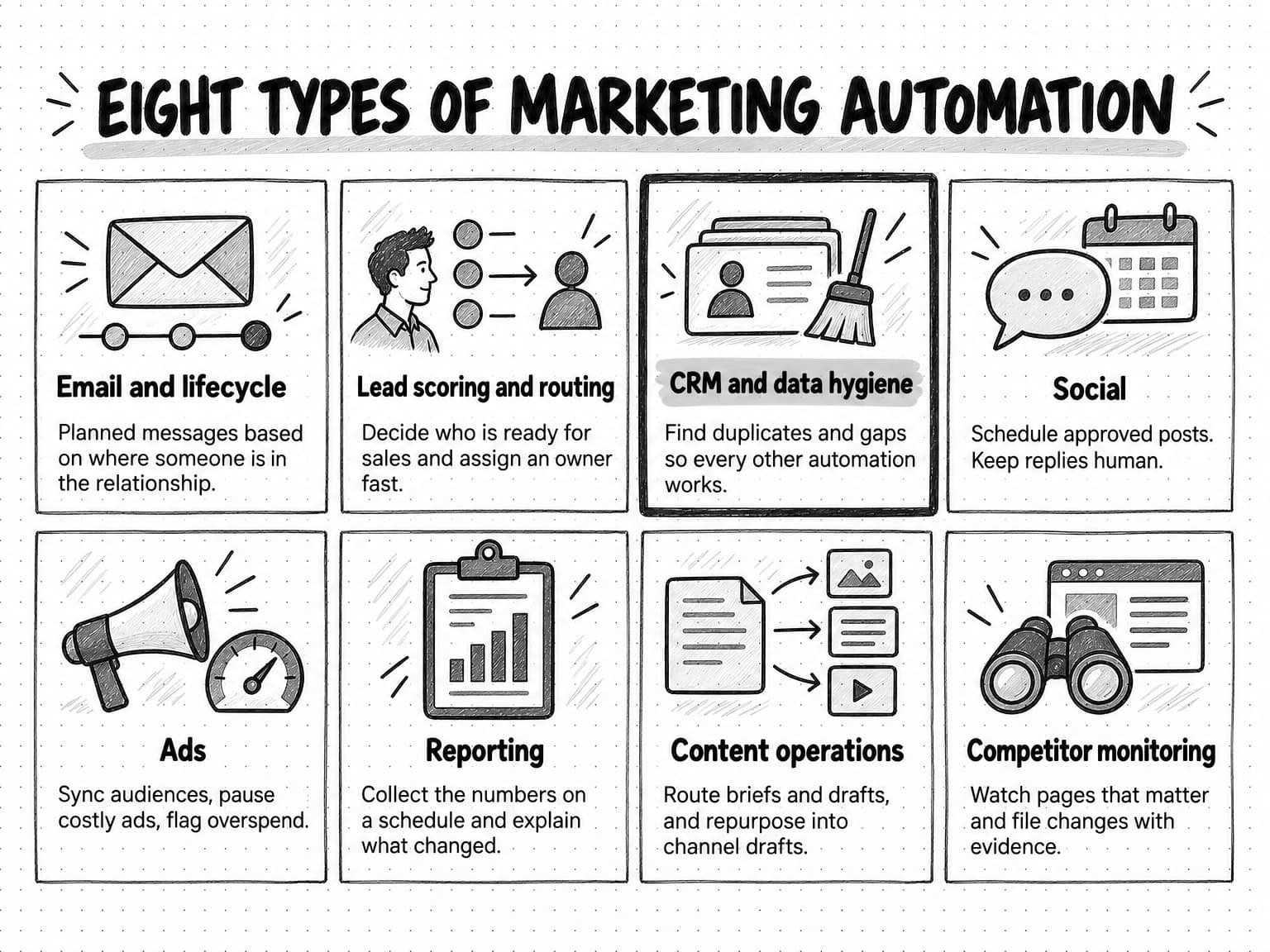A grid of eight sketched tiles titled Eight types of marketing automation. Email and lifecycle: planned messages based on where someone is in the relationship. Lead scoring and routing: decide who is ready for sales and assign an owner fast. CRM and data hygiene, outlined more heavily: find duplicates and gaps so every other automation works. Social: schedule approved posts, keep replies human. Ads: sync audiences, pause costly ads, flag overspend. Reporting: collect the numbers on a schedule and explain what changed. Content operations: route briefs and drafts, and repurpose into channel drafts. Competitor monitoring: watch pages that matter and file changes with evidence.