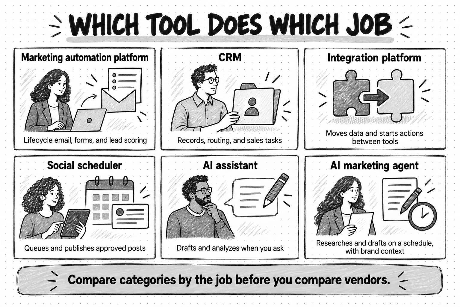 Six sketched cards titled Which tool does which job. Marketing automation platform: lifecycle email, forms, and lead scoring. CRM: records, routing, and sales tasks. Integration platform: moves data and starts actions between tools. Social scheduler: queues and publishes approved posts. AI assistant: drafts and analyzes when you ask. AI marketing agent: researches and drafts on a schedule, with brand context. A banner below reads: Compare categories by the job before you compare vendors.