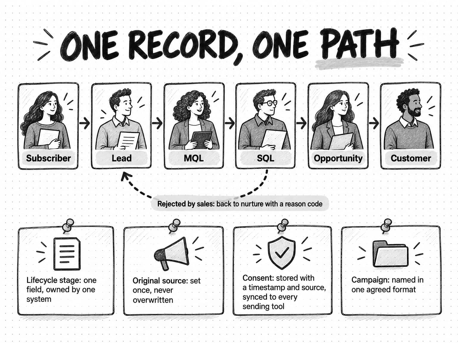 A sketched diagram titled One record, one path. Six stage boxes run left to right: Subscriber, Lead, MQL, SQL, Opportunity, Customer. A dashed arrow loops from SQL back to Lead, labeled Rejected by sales: back to nurture with a reason code. Four pinned rule cards below read: Lifecycle stage: one field, owned by one system. Original source: set once, never overwritten. Consent: stored with a timestamp and source, synced to every sending tool. Campaign: named in one agreed format.