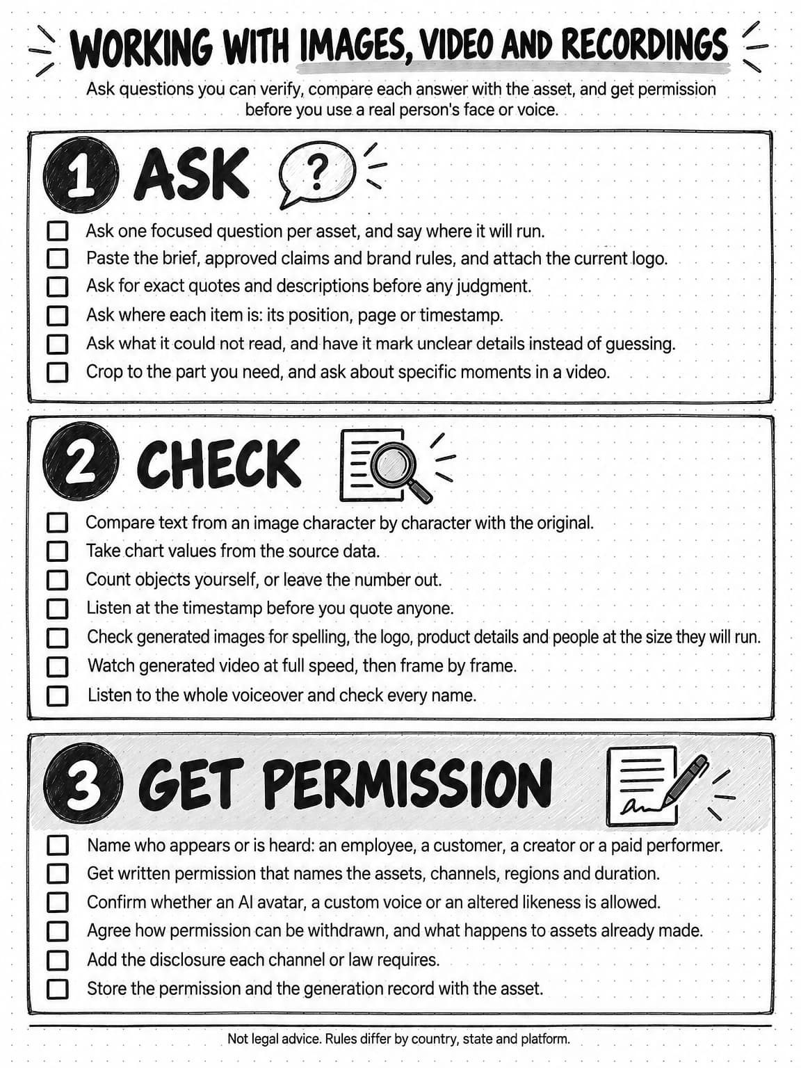 A sketched reference sheet titled Working with images, video and recordings, with the line Ask questions you can verify, compare each answer with the asset, and get permission before you use a real person's face or voice. Section 1, Ask: ask one focused question per asset and say where it will run; paste the brief, approved claims and brand rules and attach the current logo; ask for exact quotes and descriptions before any judgment; ask where each item is, by position, page or timestamp; ask what it could not read and have it mark unclear details instead of guessing; crop to the part you need and ask about specific moments in a video. Section 2, Check: compare text from an image character by character with the original; take chart values from the source data; count objects yourself or leave the number out; listen at the timestamp before you quote anyone; check generated images for spelling, the logo, product details and people at the size they will run; watch generated video at full speed, then frame by frame; listen to the whole voiceover and check every name. Section 3, Get permission: name who appears or is heard, whether an employee, a customer, a creator or a paid performer; get written permission that names the assets, channels, regions and duration; confirm whether an AI avatar, a custom voice or an altered likeness is allowed; agree how permission can be withdrawn and what happens to assets already made; add the disclosure each channel or law requires; store the permission and the generation record with the asset. Footer: Not legal advice. Rules differ by country, state and platform.