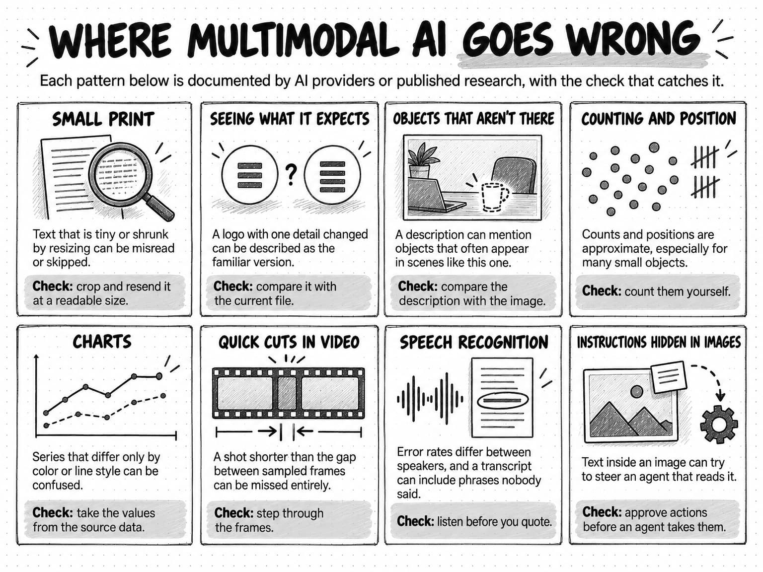 A sketched grid titled Where multimodal AI goes wrong, with the line Each pattern below is documented by AI providers or published research, with the check that catches it. Eight panels. Small print: text that is tiny or shrunk by resizing can be misread or skipped; check: crop and resend it at a readable size. Seeing what it expects: a logo with one detail changed can be described as the familiar version, drawn as two circles holding three and four bars with a question mark between them; check: compare it with the current file. Objects that aren't there: a description can mention objects that often appear in scenes like this one, drawn as a desk photo with a dashed outline of a cup that isn't there; check: compare the description with the image. Counting and position: counts and positions are approximate, especially for many small objects; check: count them yourself. Charts: series that differ only by color or line style can be confused; check: take the values from the source data. Quick cuts in video: a shot shorter than the gap between sampled frames can be missed entirely; check: step through the frames. Speech recognition: error rates differ between speakers, and a transcript can include phrases nobody said; check: listen before you quote. Instructions hidden in images: text inside an image can try to steer an agent that reads it; check: approve actions before an agent takes them.
