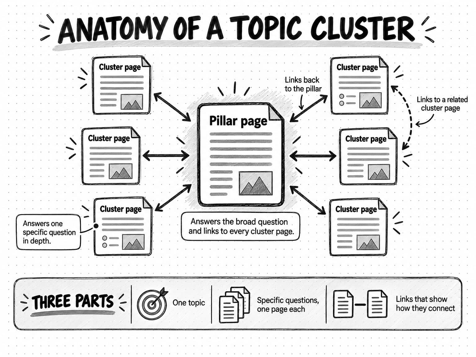 A diagram titled Anatomy of a topic cluster. A large page labeled Pillar page sits in the center with the note Answers the broad question and links to every cluster page. Six smaller pages labeled Cluster page surround it, each joined to it by a two-way arrow, one marked Links back to the pillar. A dashed arrow between two cluster pages on the right is marked Links to a related cluster page, and a note beside a lower-left cluster page says Answers one specific question in depth. A strip across the bottom, Three parts, lists One topic; Specific questions, one page each; and Links that show how they connect.