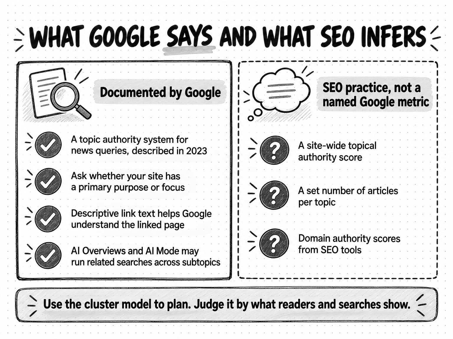 A two-panel diagram titled What Google says and what SEO infers. The left panel, Documented by Google, drawn with a solid border, lists four checked items: a topic authority system for news queries, described in 2023; ask whether your site has a primary purpose or focus; descriptive link text helps Google understand the linked page; and AI Overviews and AI Mode may run related searches across subtopics. The right panel, SEO practice, not a named Google metric, drawn with a dashed border, lists three items marked with question marks: a site-wide topical authority score, a set number of articles per topic, and domain authority scores from SEO tools. A banner at the bottom reads Use the cluster model to plan. Judge it by what readers and searches show.