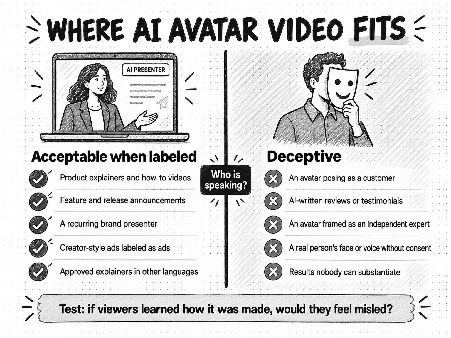 Split sketch titled Where AI avatar video fits. Acceptable when labeled: product explainers, release announcements, a recurring brand presenter, creator-style ads labeled as ads, approved explainers in other languages. Deceptive: an avatar posing as a customer, AI-written reviews, an avatar framed as an independent expert, a real person's likeness without consent, unsubstantiated results.