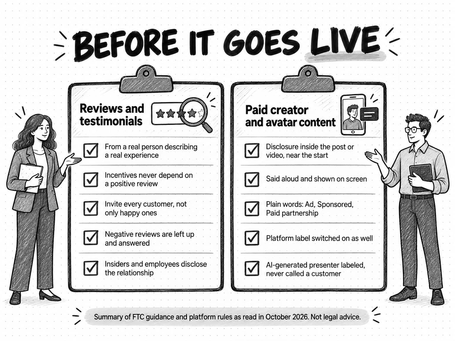 Two checklists titled Before it goes live. Reviews and testimonials: from a real person, incentives never depend on a positive review, invite every customer, negative reviews left up and answered, insiders disclose the relationship. Paid creator and avatar content: disclosure near the start, said aloud and shown on screen, plain words such as Ad or Paid partnership, platform label switched on, AI presenter labeled and never called a customer.