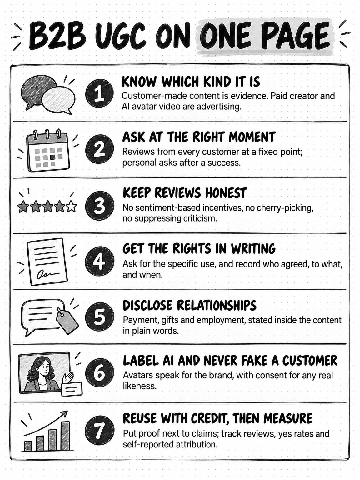 Seven-row reference titled B2B UGC on one page: know which kind it is, ask at the right moment, keep reviews honest, get the rights in writing, disclose relationships, label AI and never fake a customer, reuse with credit then measure.