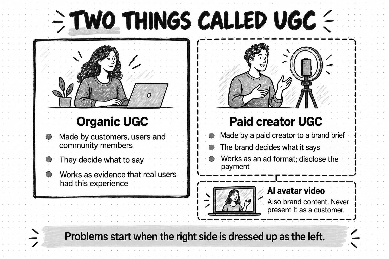 Two panels titled Two things called UGC. Organic UGC is made by customers who decide what to say and works as evidence. Paid creator UGC is made to a brand brief, works as an ad format, and needs the payment disclosed. A box notes that AI avatar video is also brand content and must never be presented as a customer.